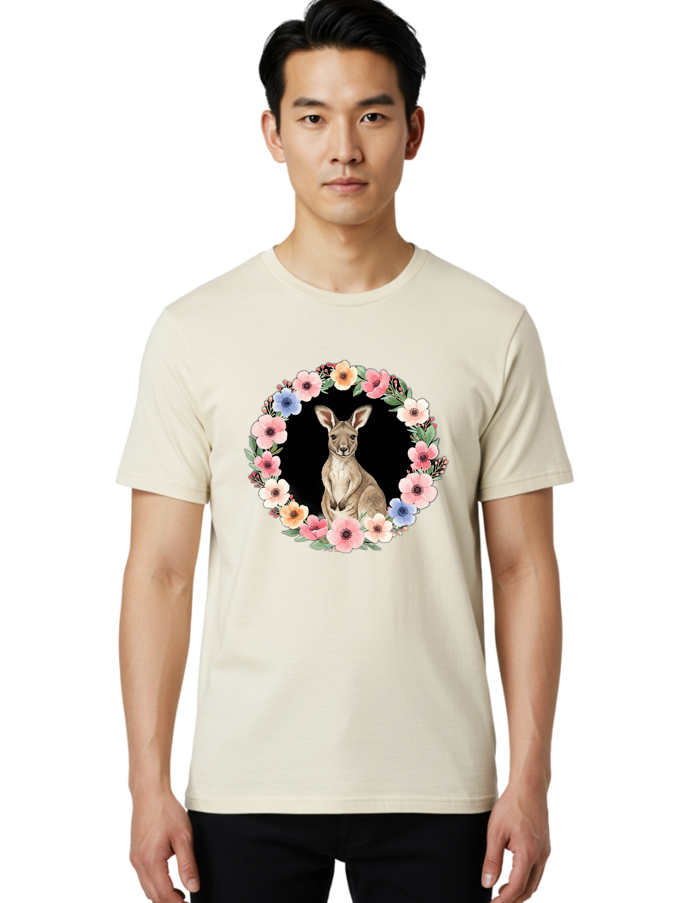 Kangaroo-In-Floral-Wreath Men'S Graphic Tee, 100% Cotton, Comfortable Casual Summer Wear, Machine Washable, Vintage Camera, Old Camera, Antique Camera, Black Camera, Classic Photography, Photography Equipment, Nostalgic Device, Film Camera, Baf157
