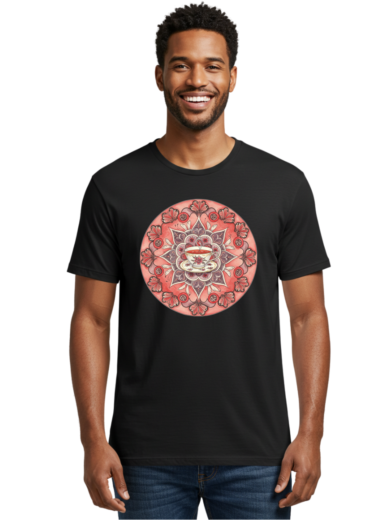 Tea-Cup-Mandala-2 Men'S Graphic Tee, 100% Cotton, Comfortable Casual Summer Wear, Machine Washable, Vintage Camera, Old Camera, Antique Camera, Black Camera, Classic Photography, Photography Equipment, Nostalgic Device, Film Camera, Camera Art Baf565