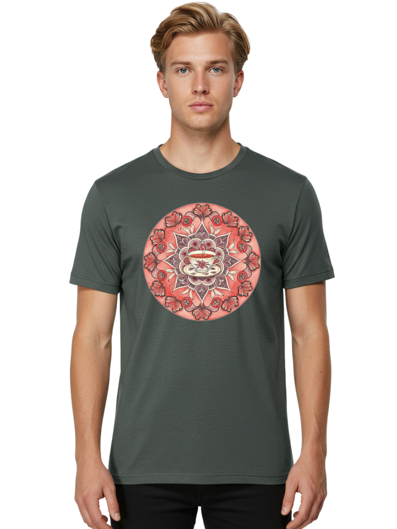 Tea-Cup-Mandala-2 Men'S Graphic Tee, 100% Cotton, Comfortable Casual Summer Wear, Machine Washable, Vintage Camera, Old Camera, Antique Camera, Black Camera, Classic Photography, Photography Equipment, Nostalgic Device, Film Camera, Camera Art Baf565