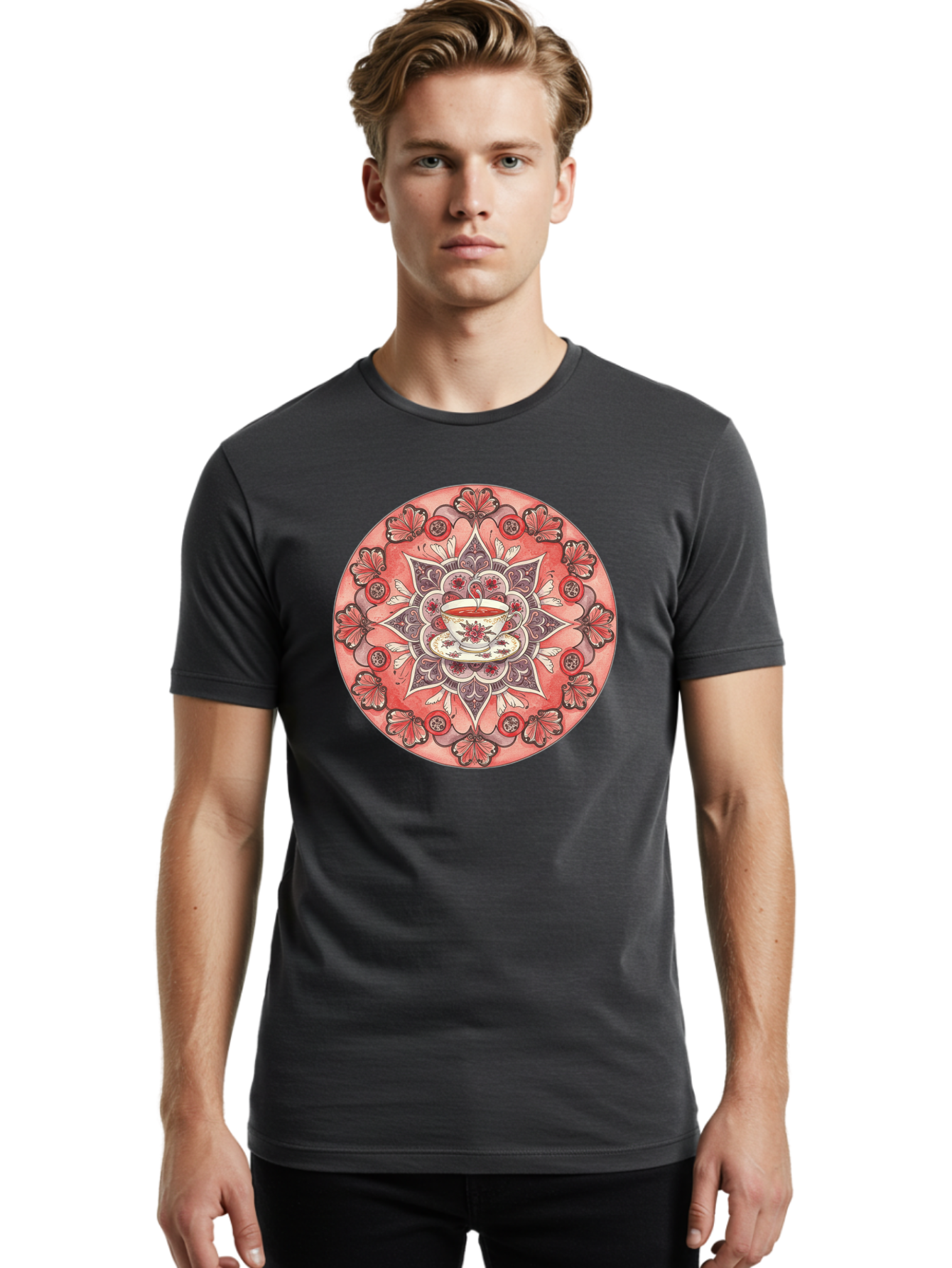 Tea-Cup-Mandala-2 Men'S Graphic Tee, 100% Cotton, Comfortable Casual Summer Wear, Machine Washable, Vintage Camera, Old Camera, Antique Camera, Black Camera, Classic Photography, Photography Equipment, Nostalgic Device, Film Camera, Camera Art Baf565