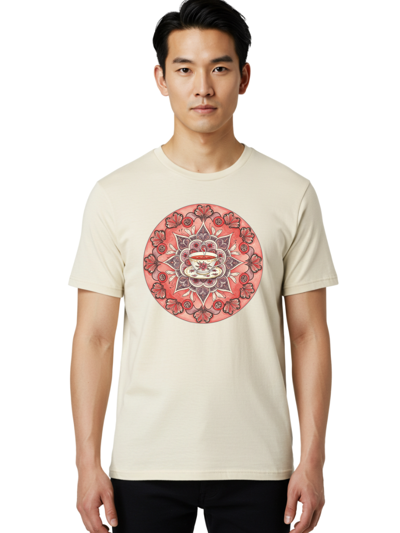 Tea-Cup-Mandala-2 Men'S Graphic Tee, 100% Cotton, Comfortable Casual Summer Wear, Machine Washable, Vintage Camera, Old Camera, Antique Camera, Black Camera, Classic Photography, Photography Equipment, Nostalgic Device, Film Camera, Camera Art Baf565