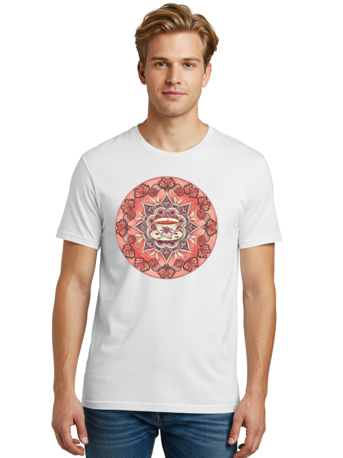 Tea-Cup-Mandala-2 Men'S Graphic Tee, 100% Cotton, Comfortable Casual Summer Wear, Machine Washable, Vintage Camera, Old Camera, Antique Camera, Black Camera, Classic Photography, Photography Equipment, Nostalgic Device, Film Camera, Camera Art Baf565