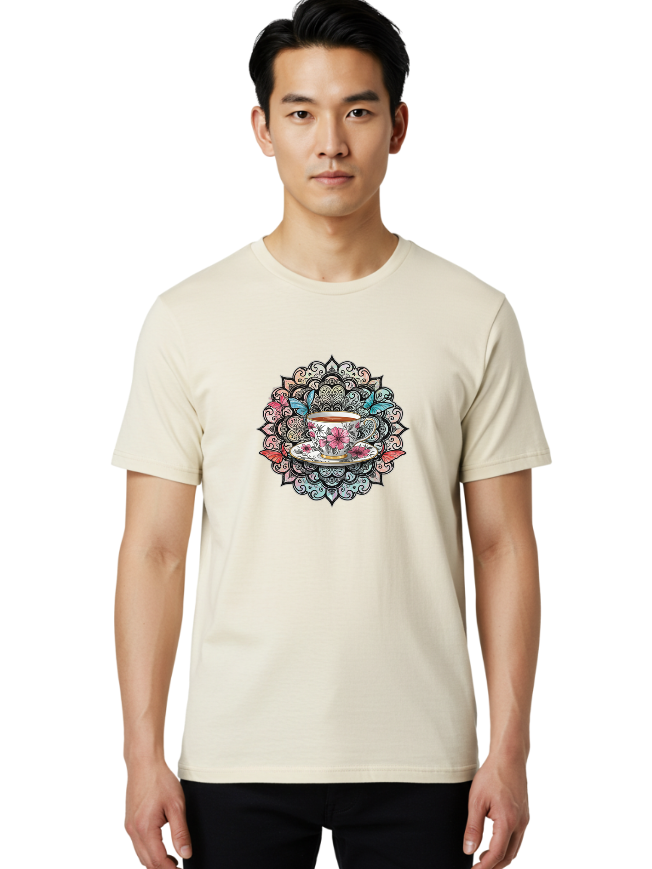 Tea-Cup-Mandala Men'S Graphic Tee, 100% Cotton, Comfortable Casual Summer Wear, Machine Washable, Vintage Camera, Old Camera, Antique Camera, Black Camera, Classic Photography, Photography Equipment, Nostalgic Device, Film Camera, Camera Art Baf566