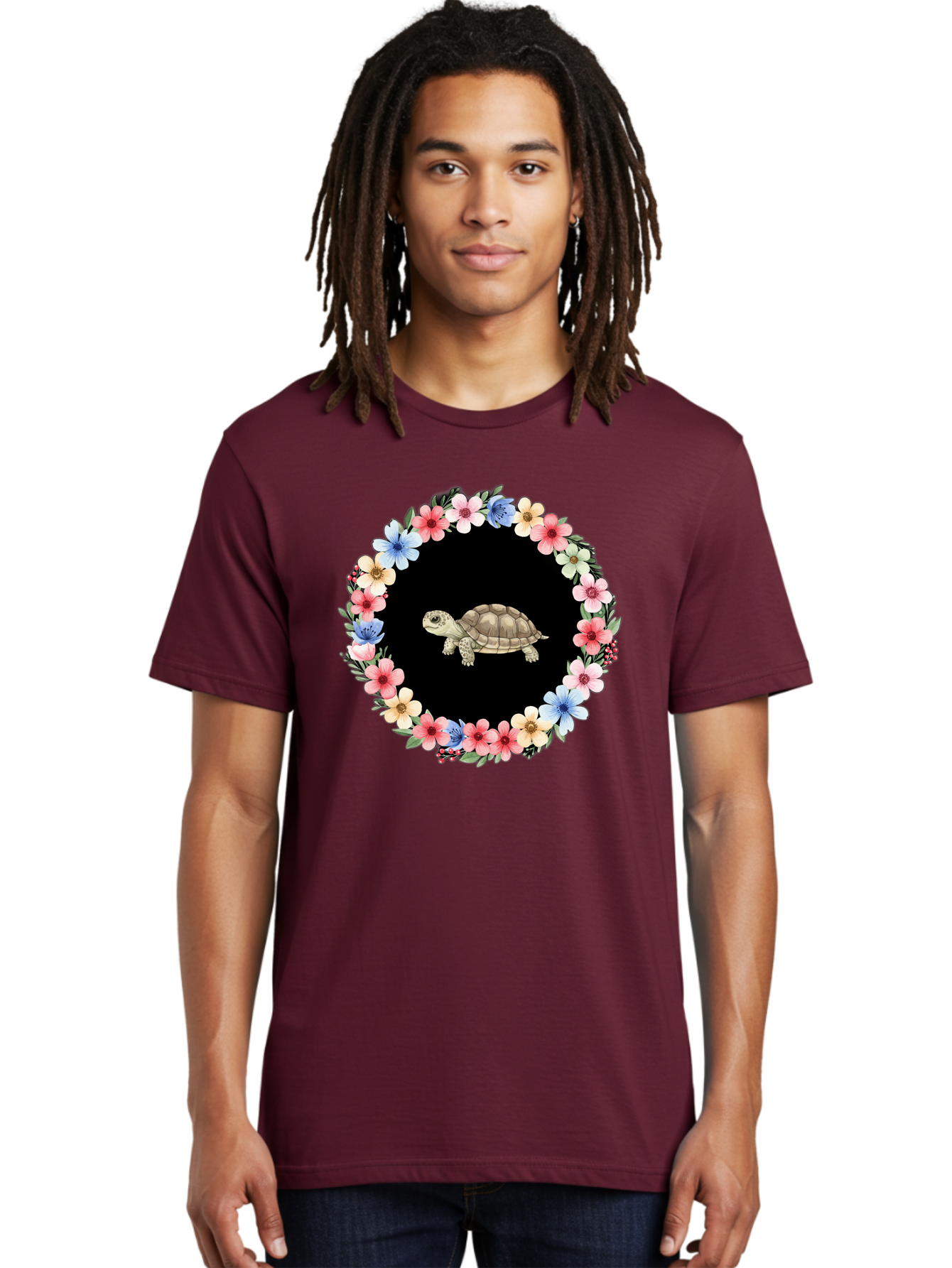 Tortoise-In-Floral-Circle Men'S Graphic Tee, 100% Cotton, Comfortable Casual Summer Wear, Machine Washable, Vintage Camera, Old Camera, Antique Camera, Black Camera, Classic Photography, Photography Equipment, Nostalgic Device, Film Camera, Baf597