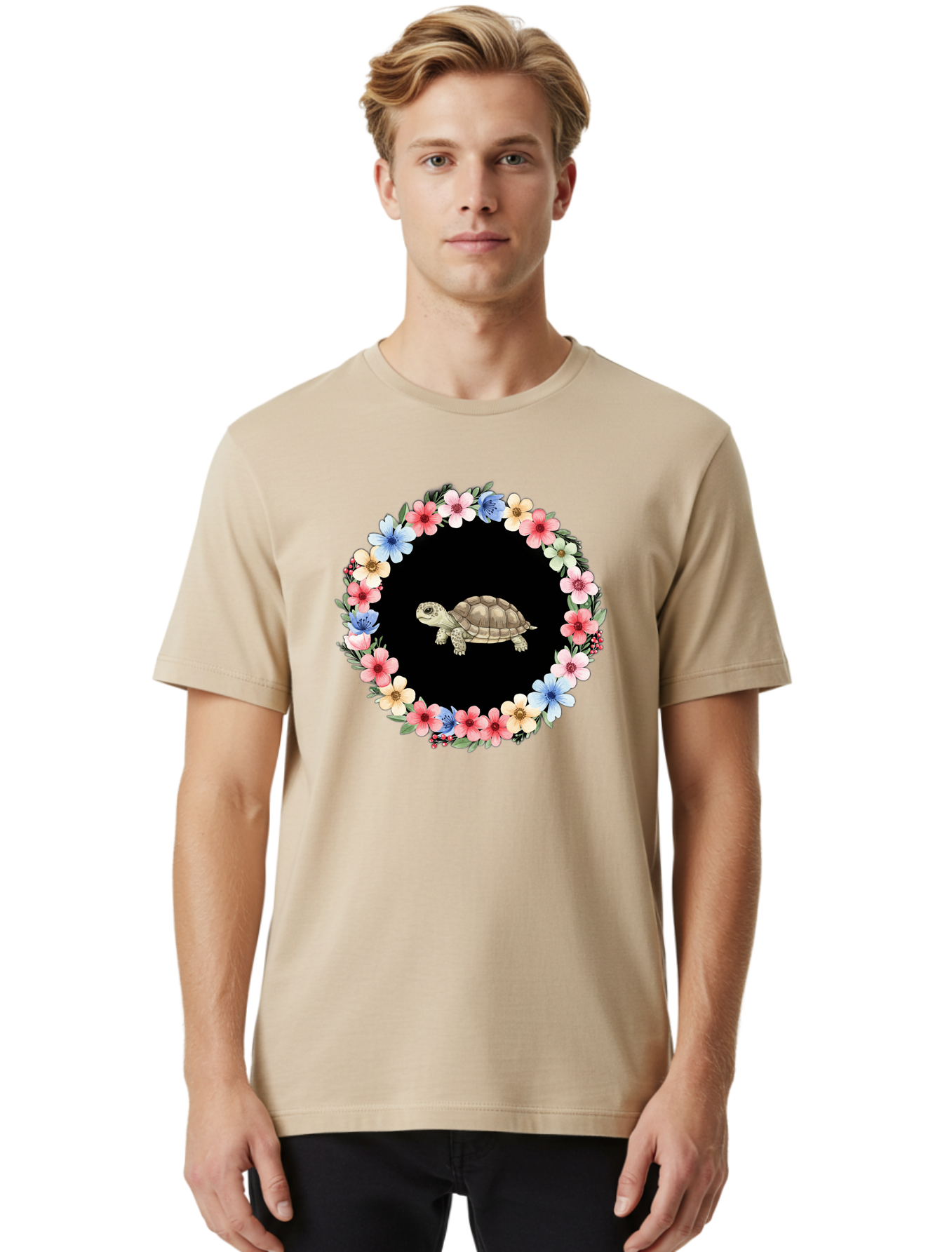 Tortoise-In-Floral-Circle Men'S Graphic Tee, 100% Cotton, Comfortable Casual Summer Wear, Machine Washable, Vintage Camera, Old Camera, Antique Camera, Black Camera, Classic Photography, Photography Equipment, Nostalgic Device, Film Camera, Baf597
