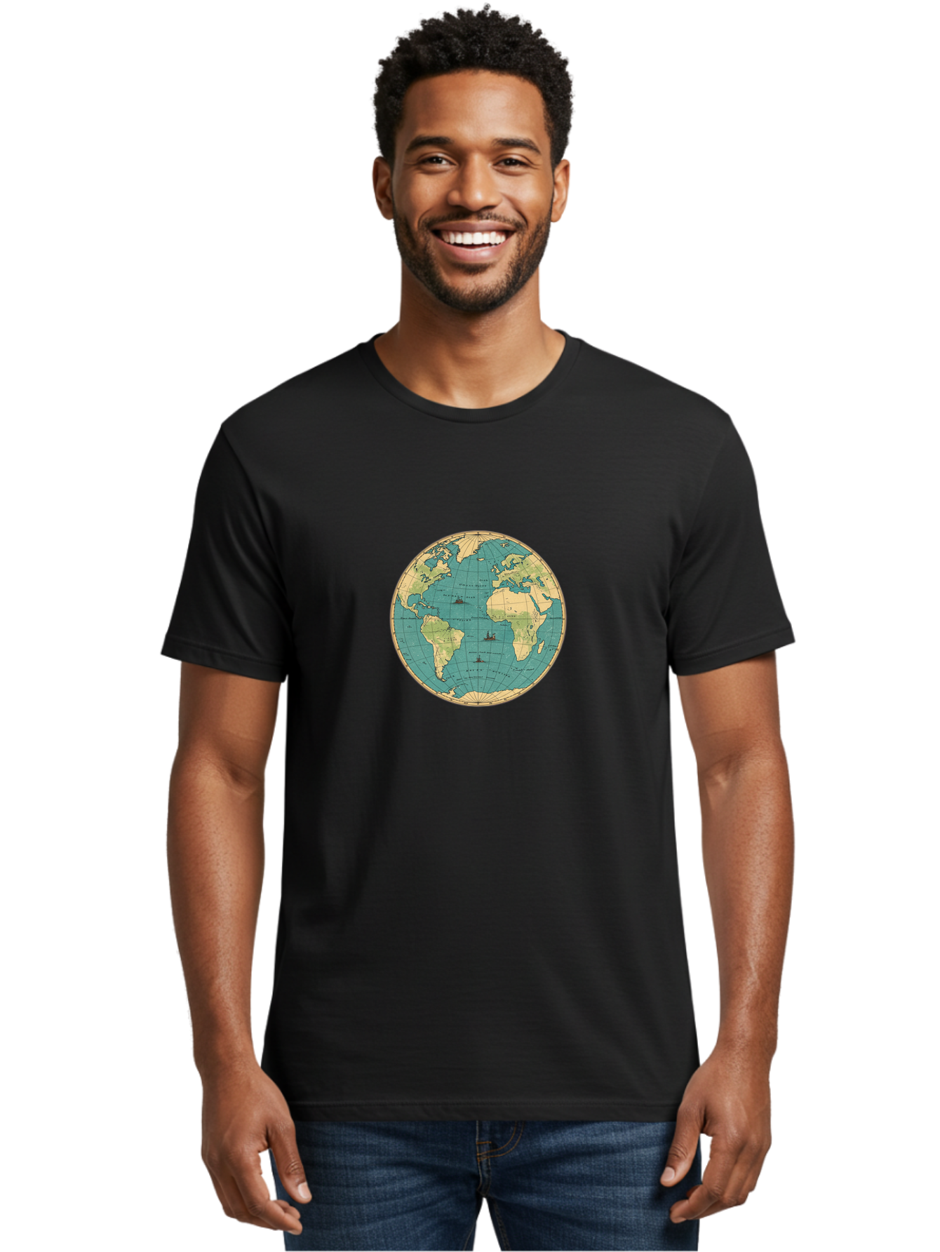 World-Map-Globe Men'S Graphic Tee, 100% Cotton, Comfortable Casual Summer Wear, Machine Washable, Vintage Camera, Old Camera, Antique Camera, Black Camera, Classic Photography, Photography Equipment, Nostalgic Device, Film Camera, Camera Art Baf675