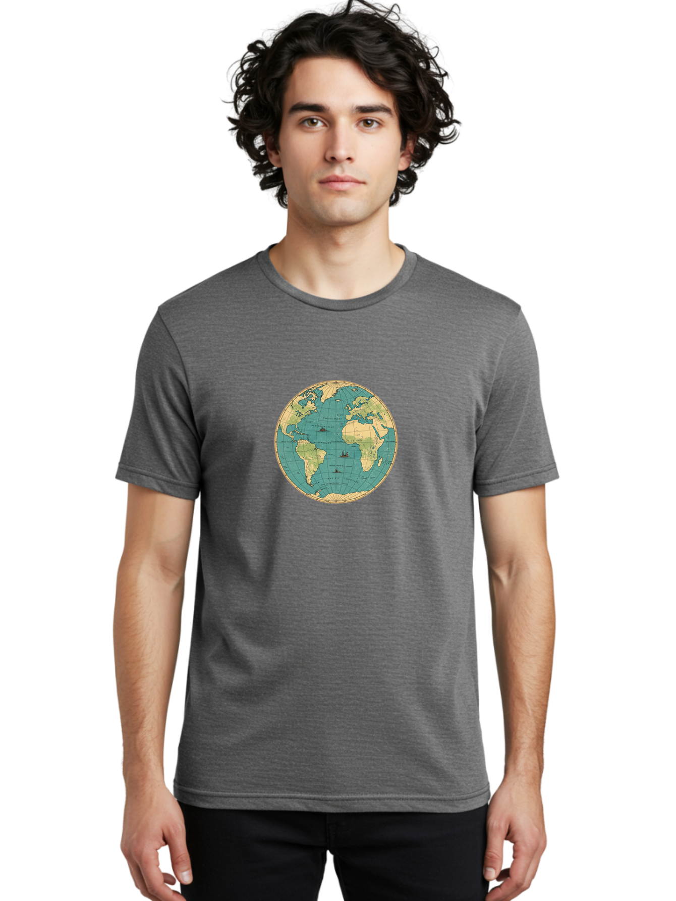 World-Map-Globe Men'S Graphic Tee, 100% Cotton, Comfortable Casual Summer Wear, Machine Washable, Vintage Camera, Old Camera, Antique Camera, Black Camera, Classic Photography, Photography Equipment, Nostalgic Device, Film Camera, Camera Art Baf675