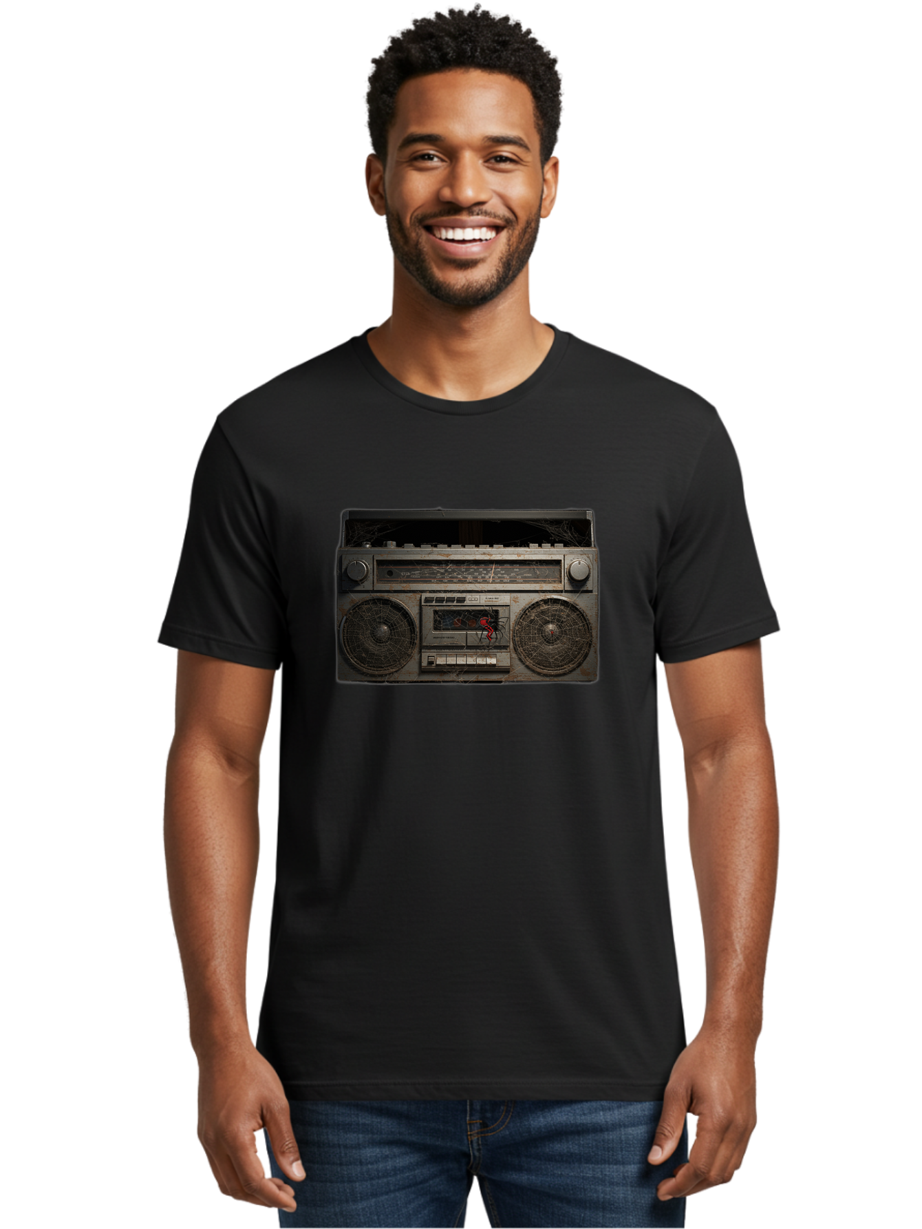 Boombox-With-Spider Men'S Graphic Tee, 100% Cotton, Comfortable Casual Summer Wear, Machine Washable, Vintage Camera, Old Camera, Antique Camera, Black Camera, Classic Photography, Photography Equipment, Nostalgic Device, Film Camera, Baf703