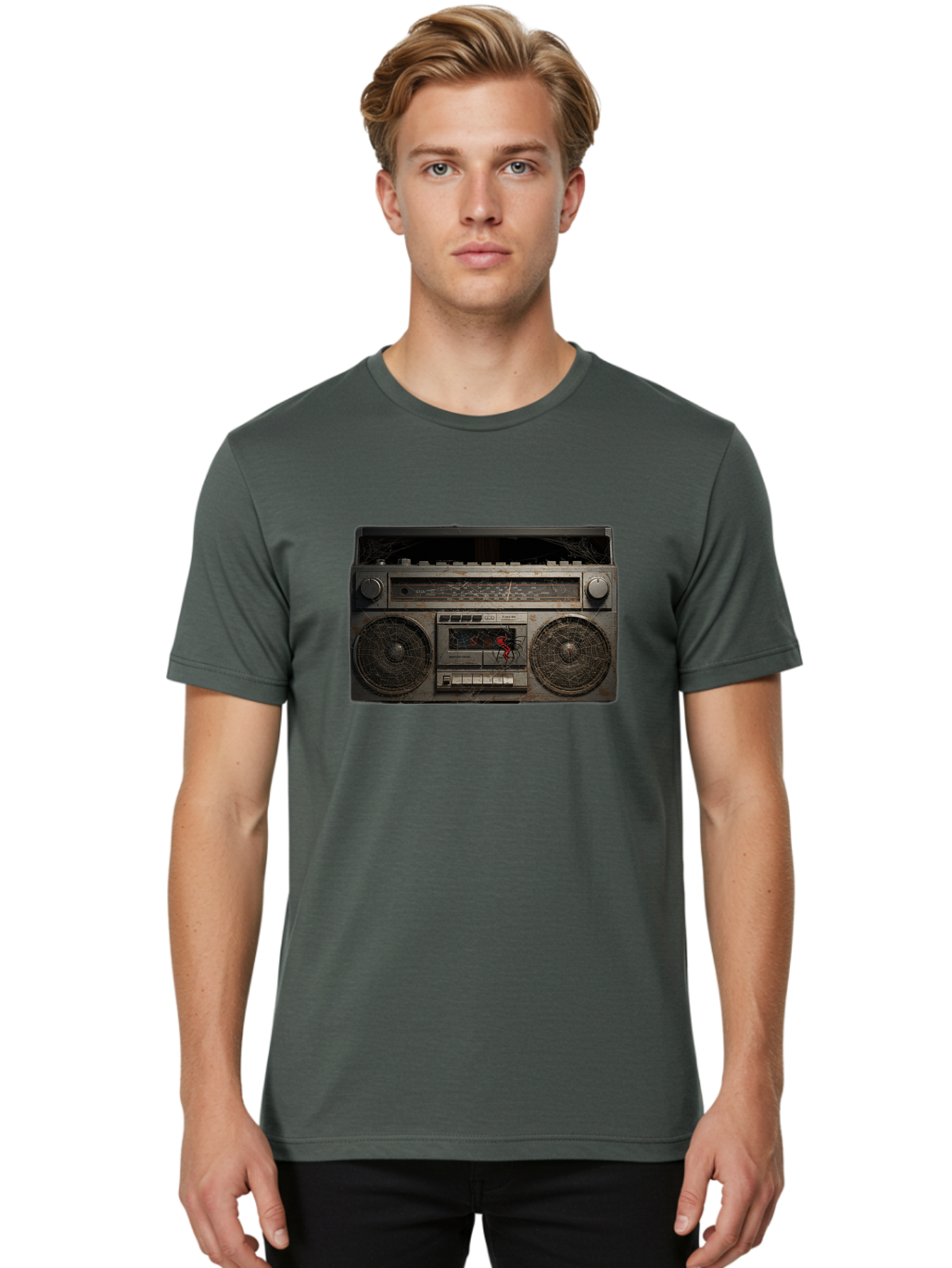 Boombox-With-Spider Men'S Graphic Tee, 100% Cotton, Comfortable Casual Summer Wear, Machine Washable, Vintage Camera, Old Camera, Antique Camera, Black Camera, Classic Photography, Photography Equipment, Nostalgic Device, Film Camera, Baf703