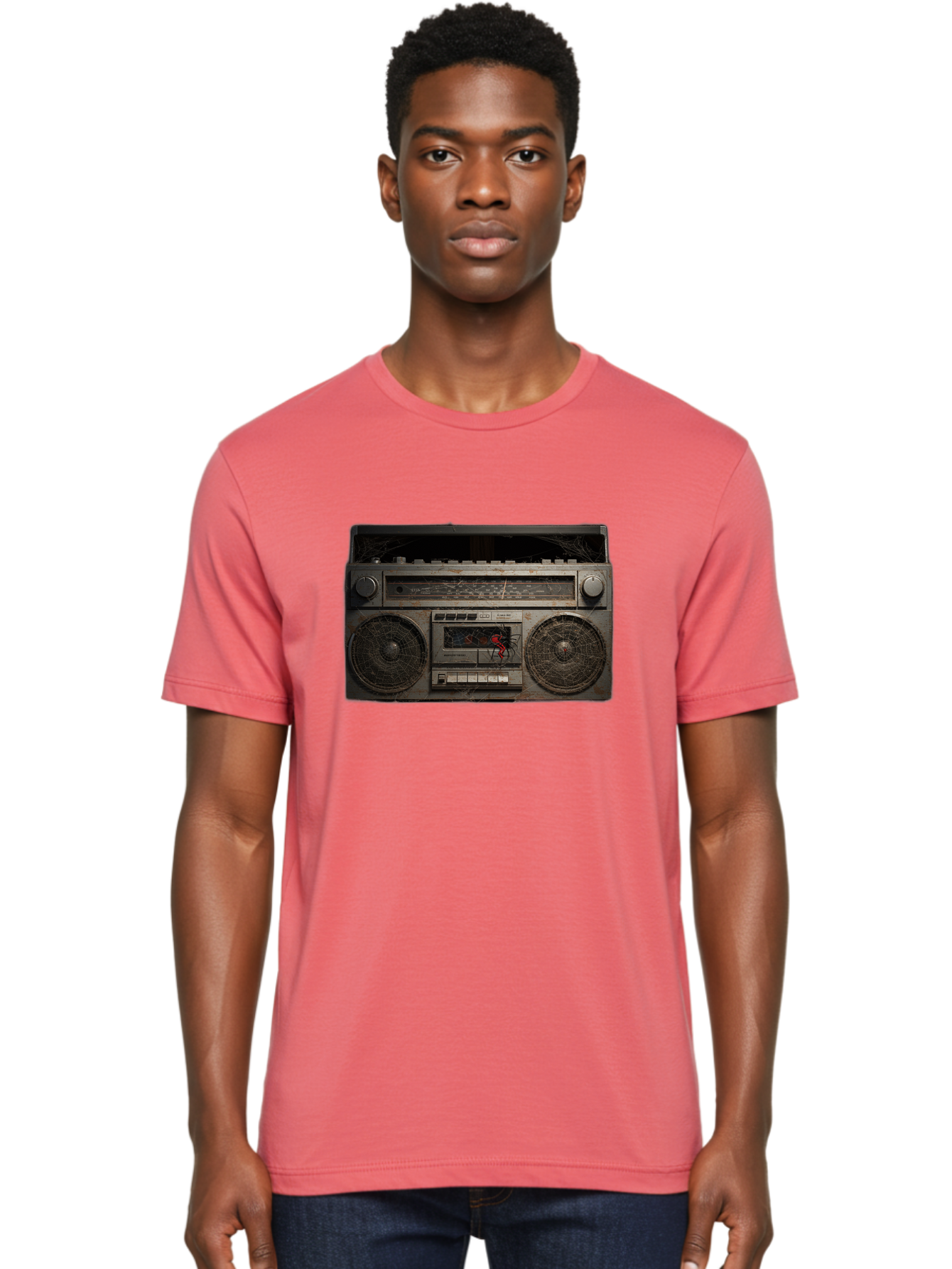 Boombox-With-Spider Men'S Graphic Tee, 100% Cotton, Comfortable Casual Summer Wear, Machine Washable, Vintage Camera, Old Camera, Antique Camera, Black Camera, Classic Photography, Photography Equipment, Nostalgic Device, Film Camera, Baf703