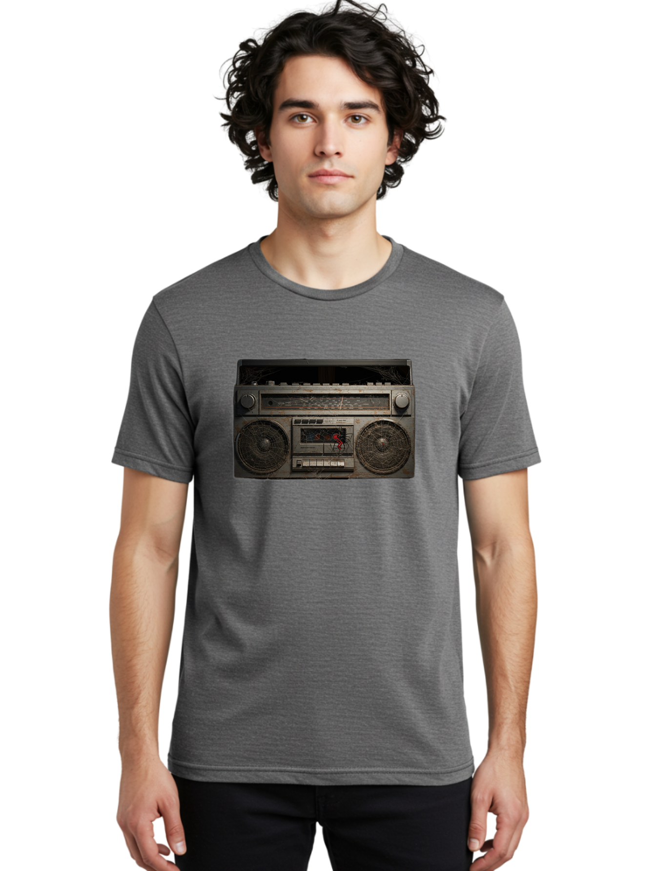Boombox-With-Spider Men'S Graphic Tee, 100% Cotton, Comfortable Casual Summer Wear, Machine Washable, Vintage Camera, Old Camera, Antique Camera, Black Camera, Classic Photography, Photography Equipment, Nostalgic Device, Film Camera, Baf703