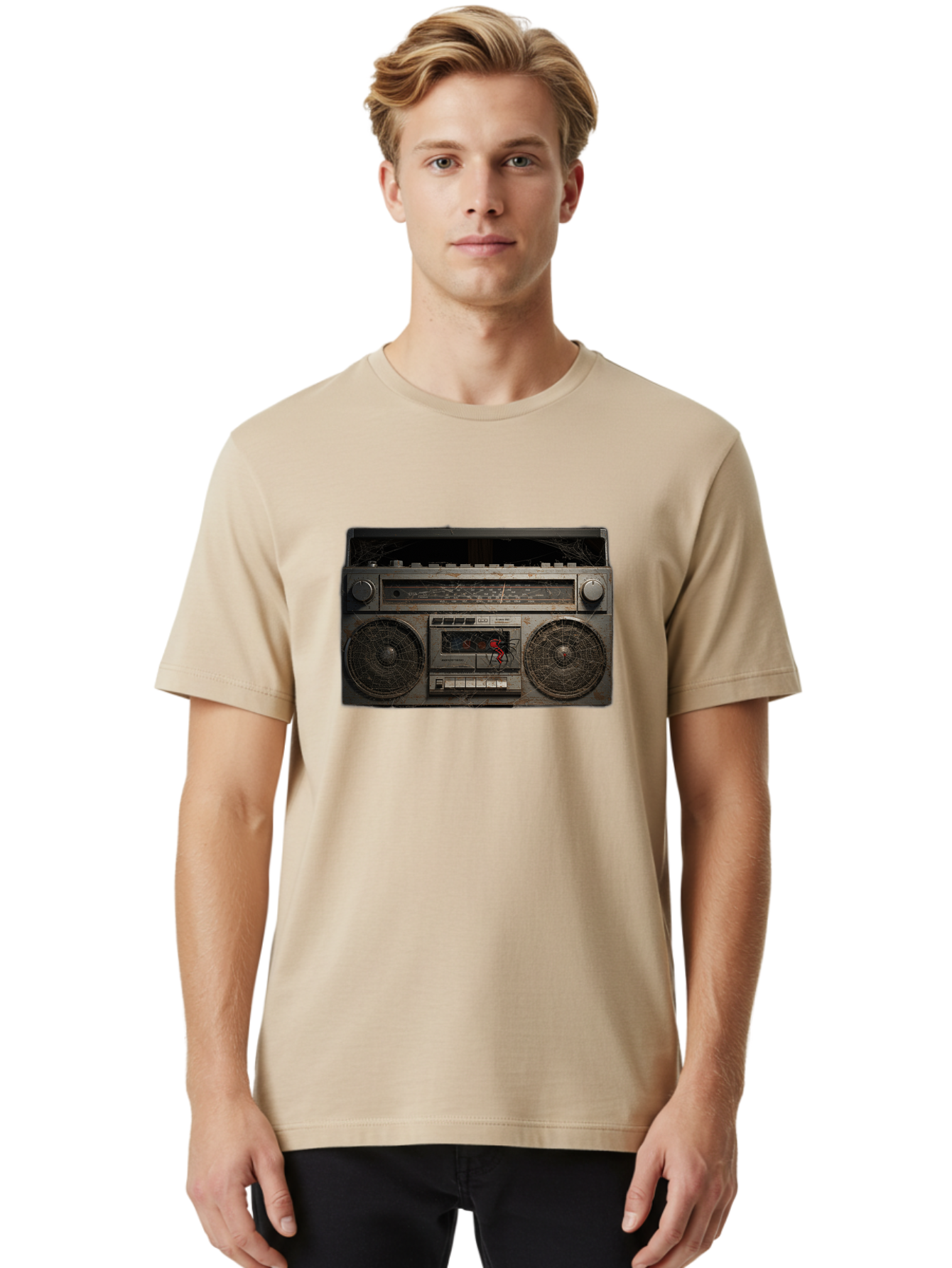 Boombox-With-Spider Men'S Graphic Tee, 100% Cotton, Comfortable Casual Summer Wear, Machine Washable, Vintage Camera, Old Camera, Antique Camera, Black Camera, Classic Photography, Photography Equipment, Nostalgic Device, Film Camera, Baf703