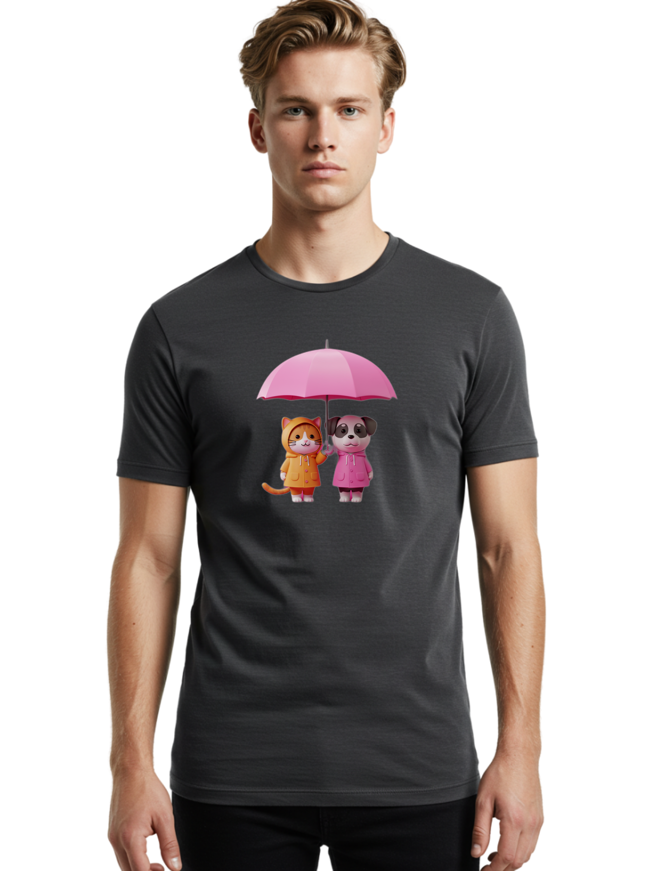 Cat-And-Pug-Under-Pink-Umbrella Men'S Graphic Tee, 100% Cotton, Comfortable Casual Summer Wear, Machine Washable, Vintage Camera, Old Camera, Antique Camera, Black Camera, Classic Photography, Photography Equipment, Nostalgic Device, Baf724