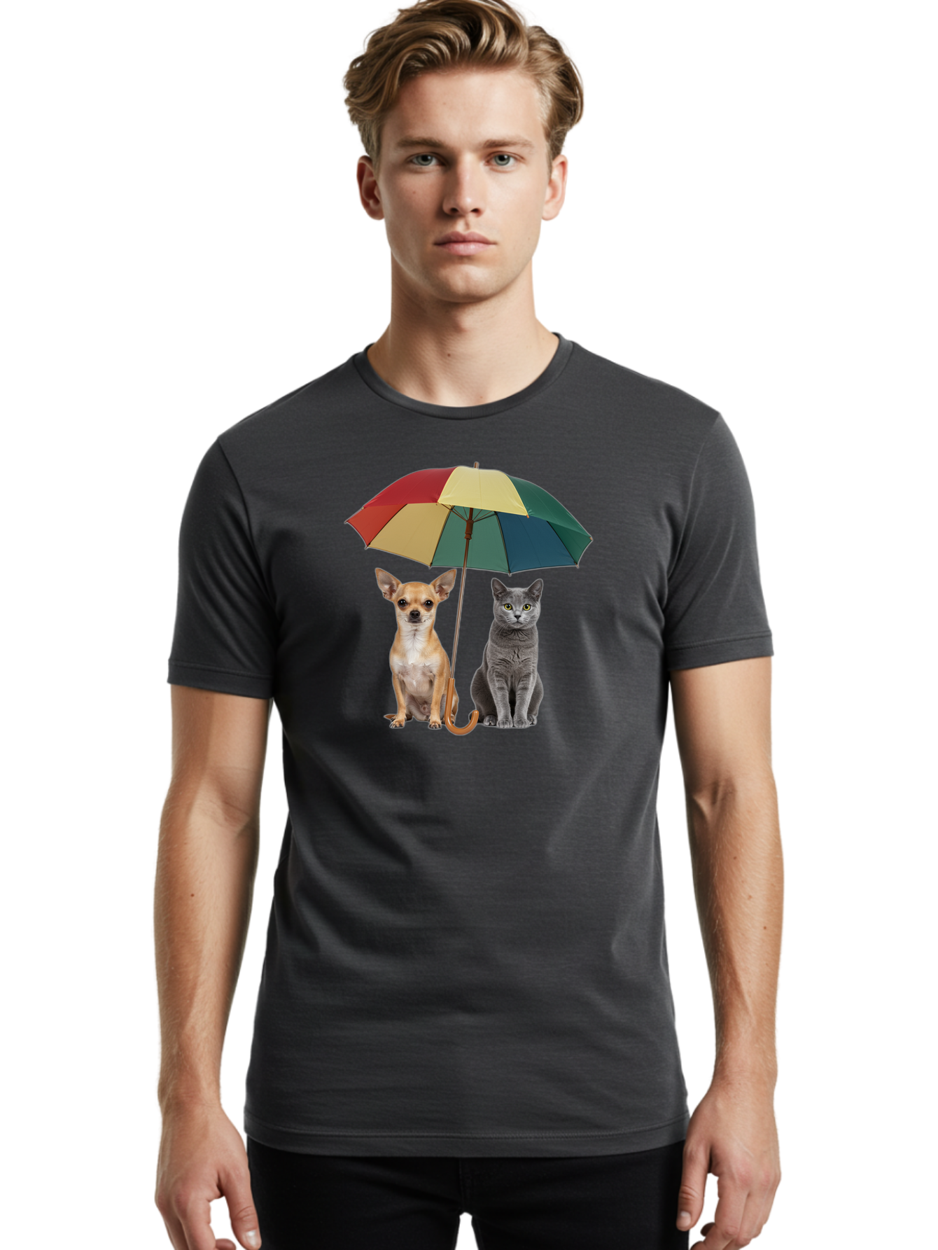 Colorful-Umbrella-Cat-Dog Men'S Graphic Tee, 100% Cotton, Comfortable Casual Summer Wear, Machine Washable, Vintage Camera, Old Camera, Antique Camera, Black Camera, Classic Photography, Photography Equipment, Nostalgic Device, Film Camera, Baf728