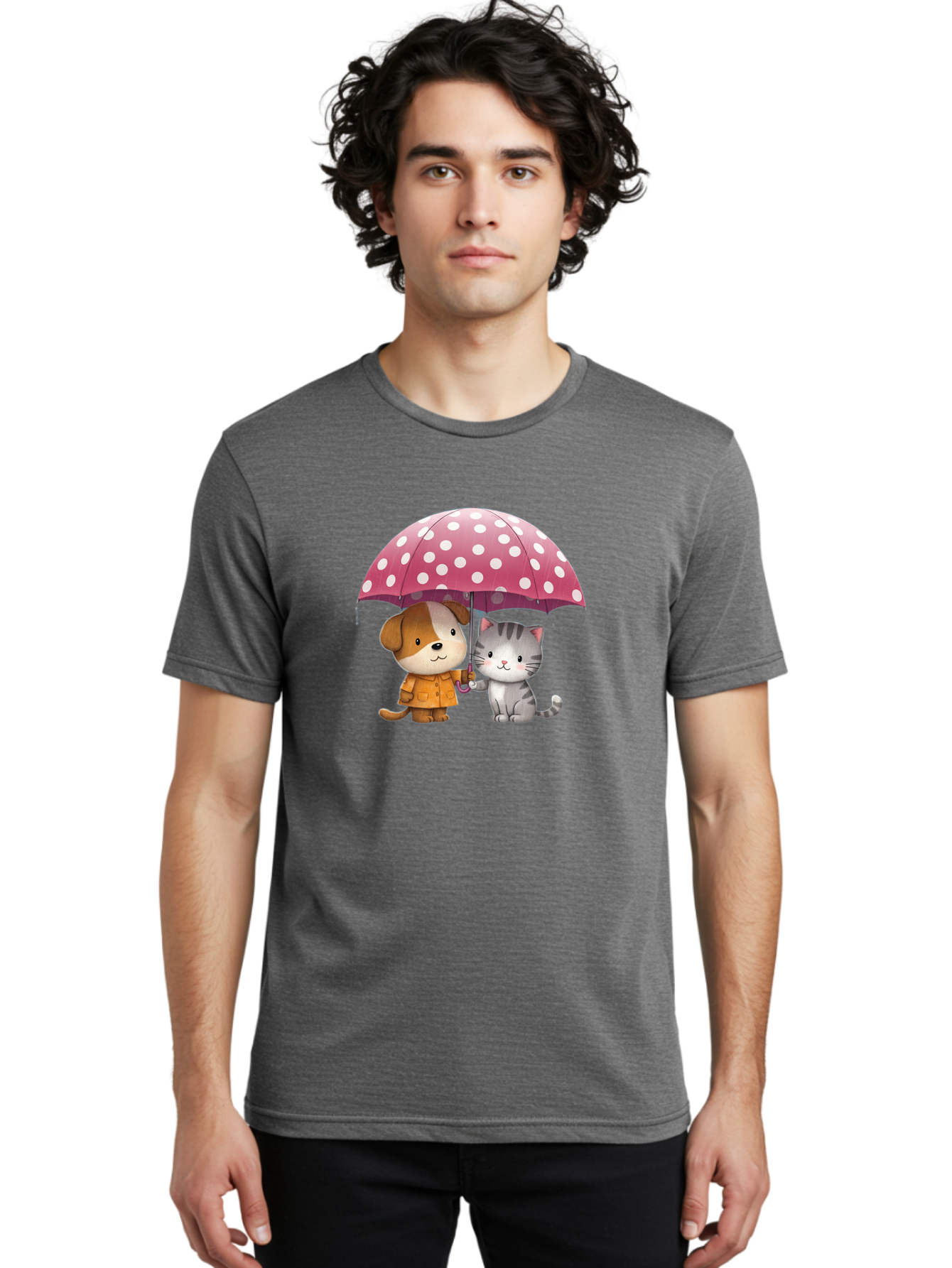 Dog-And-Cat-Under-Polka-Dot-Umbrella Men'S Graphic Tee, 100% Cotton, Comfortable Casual Summer Wear, Machine Washable, Vintage Camera, Old Camera, Antique Camera, Black Camera, Classic Photography, Photography Equipment, Nostalgic Device, Baf797