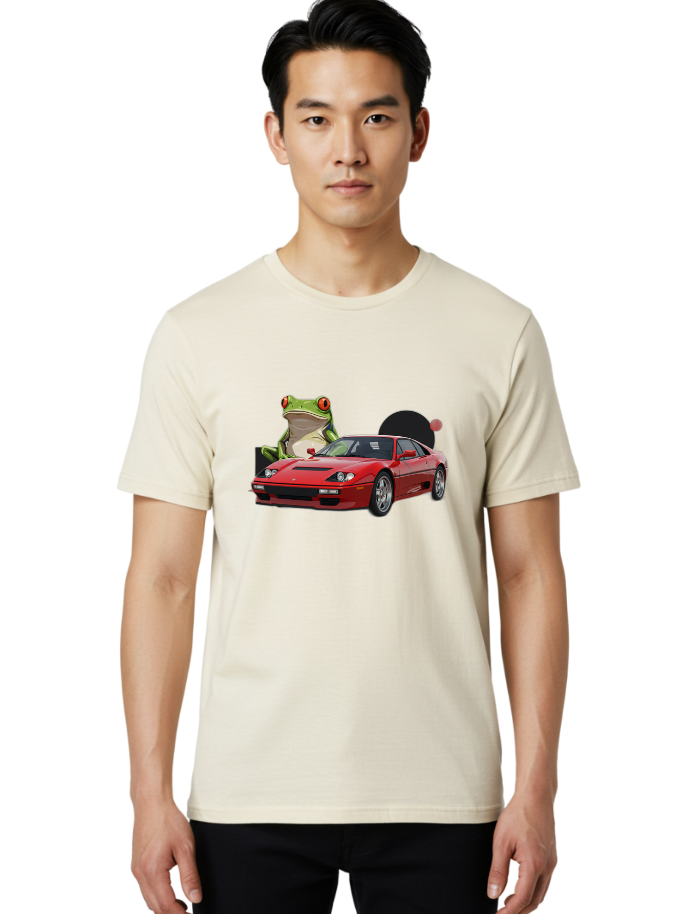 Ferrari-With-Frog-1 Men'S Graphic Tee, 100% Cotton, Comfortable Casual Summer Wear, Machine Washable, Vintage Camera, Old Camera, Antique Camera, Black Camera, Classic Photography, Photography Equipment, Nostalgic Device, Film Camera, Baf805