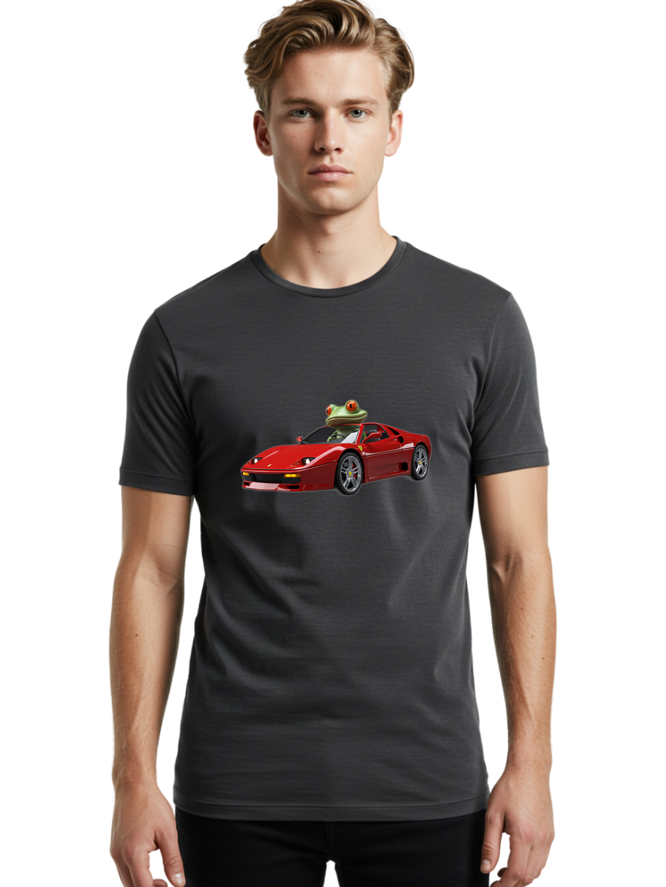 Ferrari-With-Frog-2 Men'S Graphic Tee, 100% Cotton, Comfortable Casual Summer Wear, Machine Washable, Vintage Camera, Old Camera, Antique Camera, Black Camera, Classic Photography, Photography Equipment, Nostalgic Device, Film Camera, Baf806