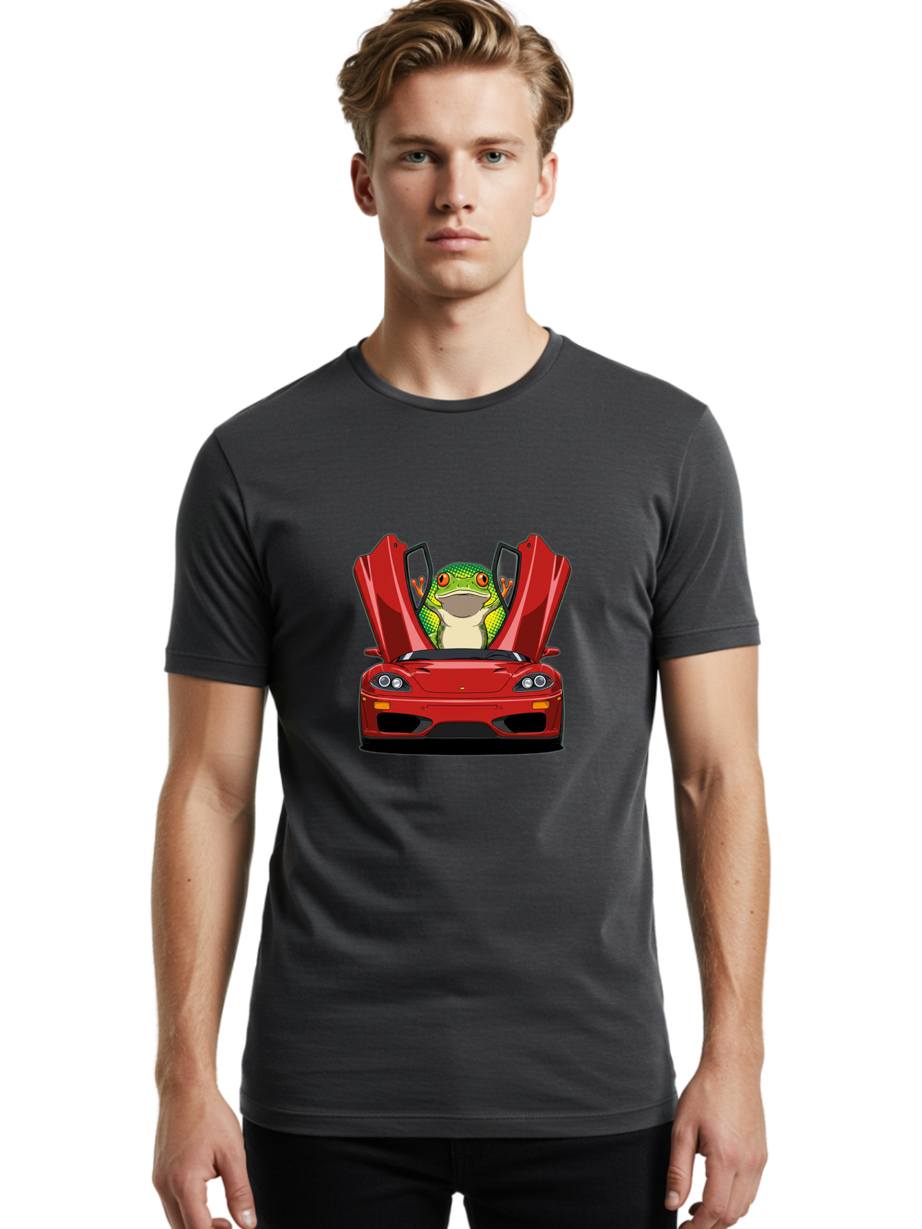 Frog-In-Red-Sports-Car-1 Men'S Graphic Tee, 100% Cotton, Comfortable Casual Summer Wear, Machine Washable, Vintage Camera, Old Camera, Antique Camera, Black Camera, Classic Photography, Photography Equipment, Nostalgic Device, Film Camera, Baf836