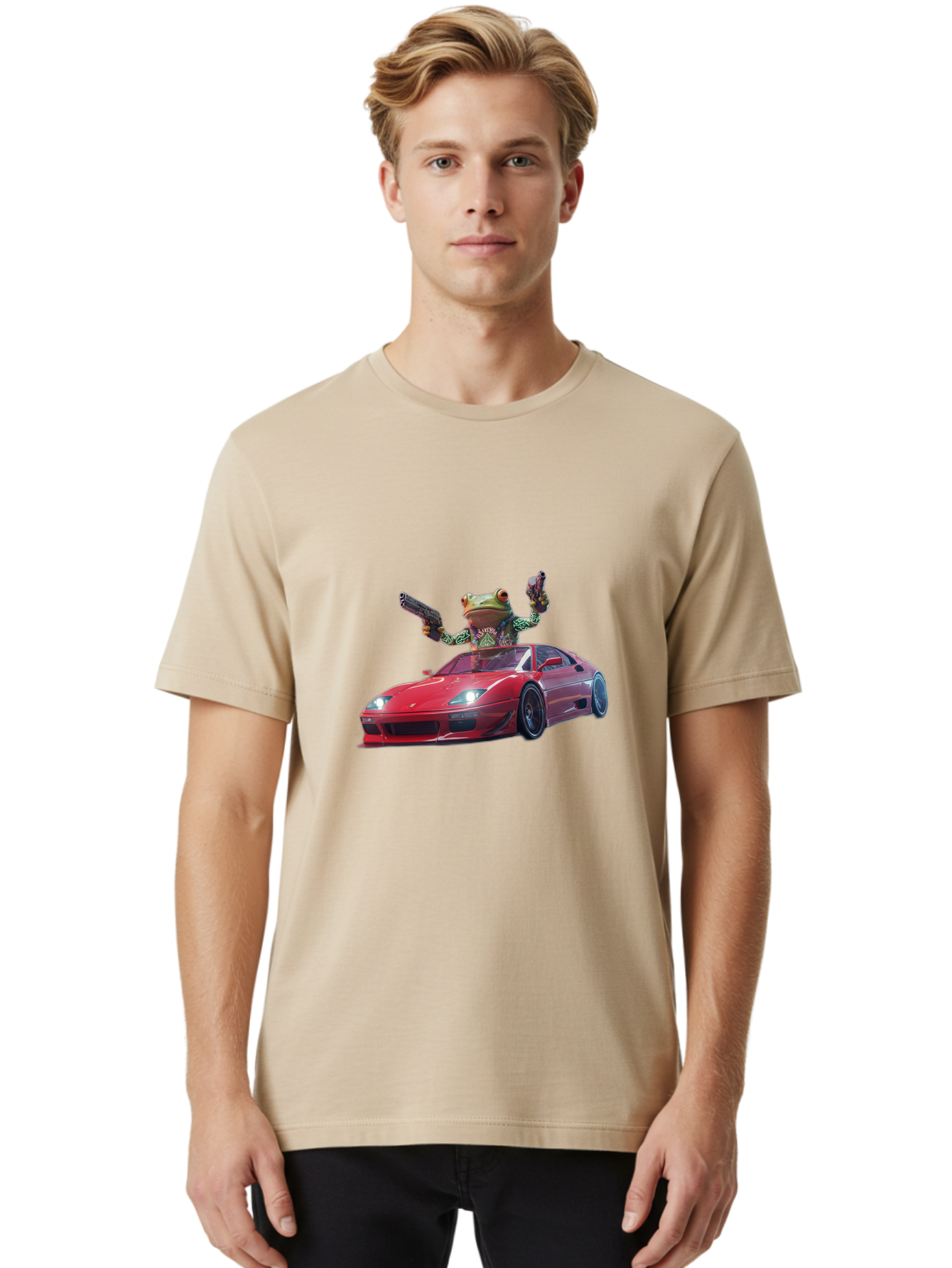 Frog-With-Guns-On-Ferrari Men'S Graphic Tee, 100% Cotton, Comfortable Casual Summer Wear, Machine Washable, Vintage Camera, Old Camera, Antique Camera, Black Camera, Classic Photography, Photography Equipment, Nostalgic Device, Film Camera, Baf848