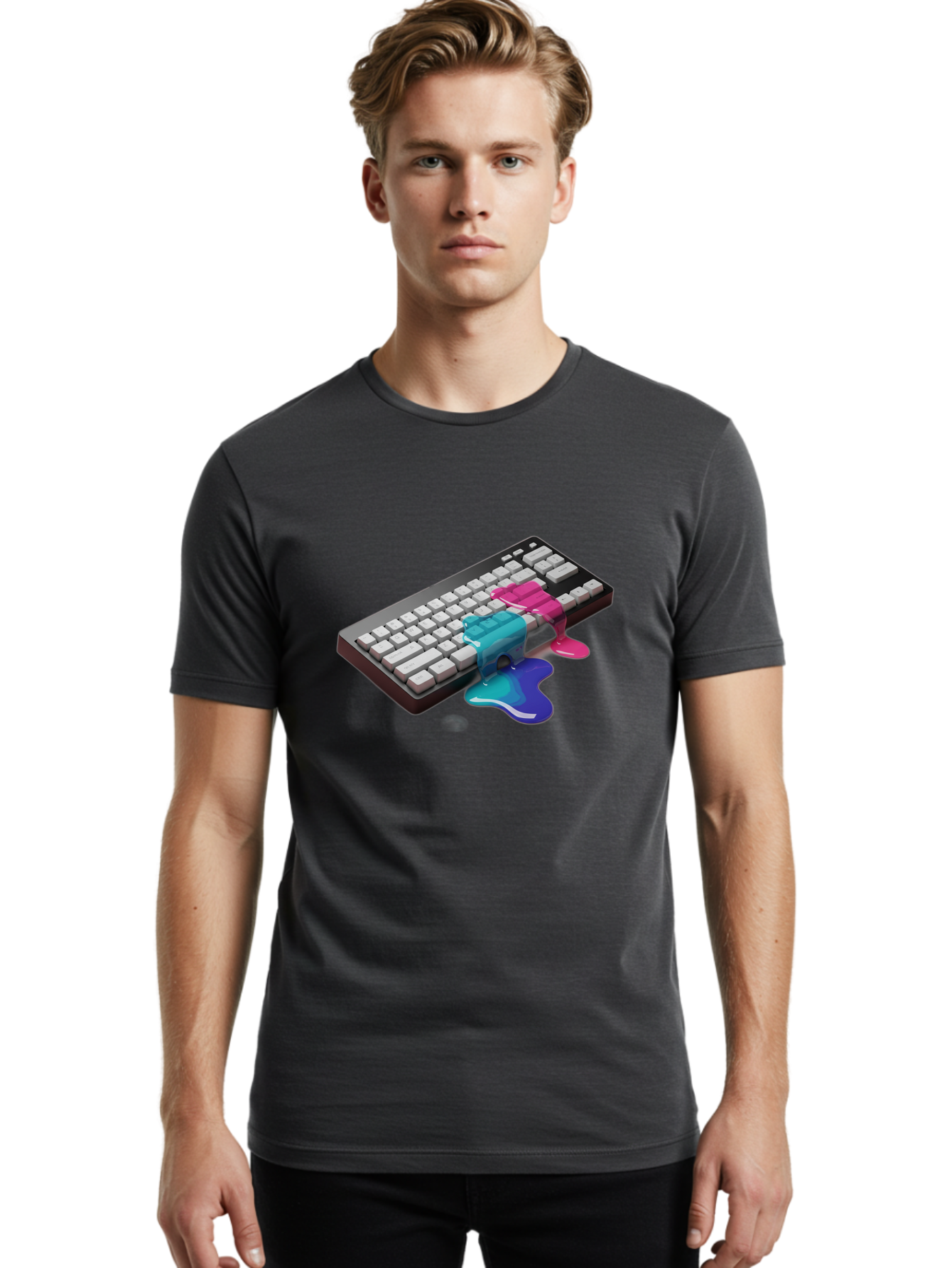 Keyboard-With-Paint-Dripping Men'S Graphic Tee, 100% Cotton, Comfortable Casual Summer Wear, Machine Washable, Vintage Camera, Old Camera, Antique Camera, Black Camera, Classic Photography, Photography Equipment, Nostalgic Device, Film Camera, Baf866
