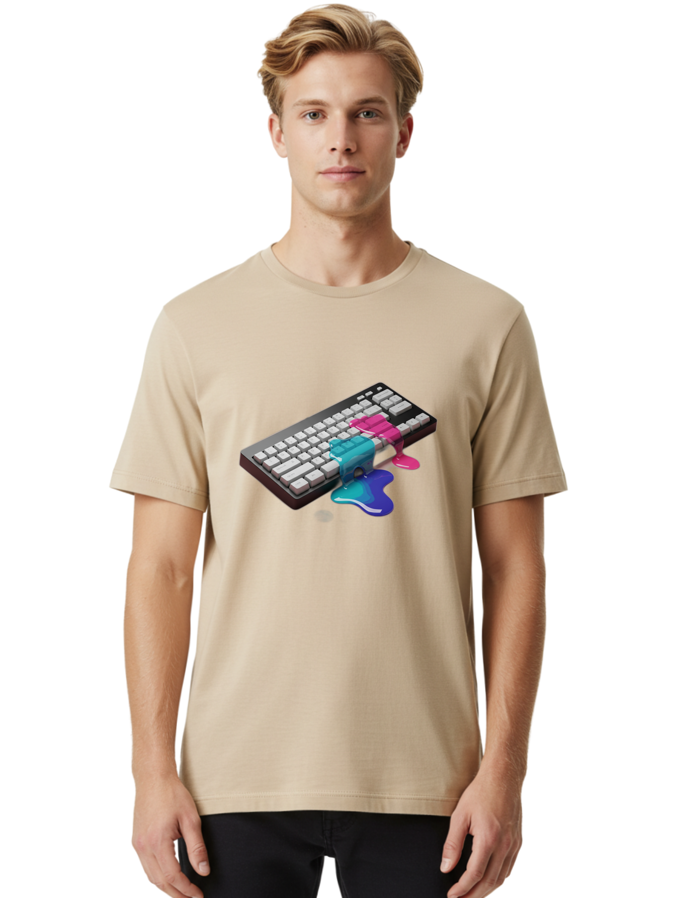 Keyboard-With-Paint-Dripping Men'S Graphic Tee, 100% Cotton, Comfortable Casual Summer Wear, Machine Washable, Vintage Camera, Old Camera, Antique Camera, Black Camera, Classic Photography, Photography Equipment, Nostalgic Device, Film Camera, Baf866