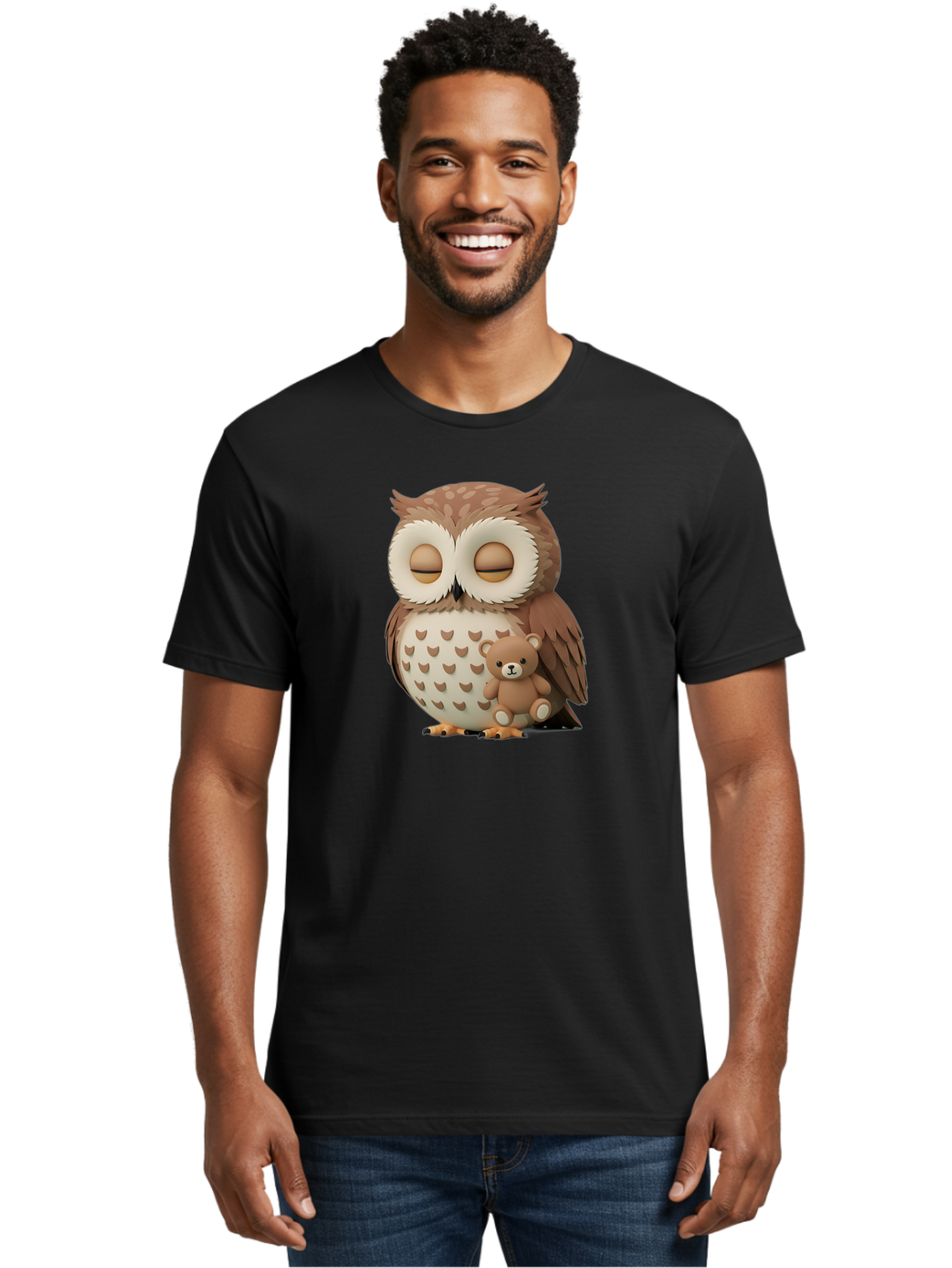 Owl-With-Teddy-1 Men'S Graphic Tee, 100% Cotton, Comfortable Casual Summer Wear, Machine Washable, Vintage Camera, Old Camera, Antique Camera, Black Camera, Classic Photography, Photography Equipment, Nostalgic Device, Film Camera, Camera Art Baf936