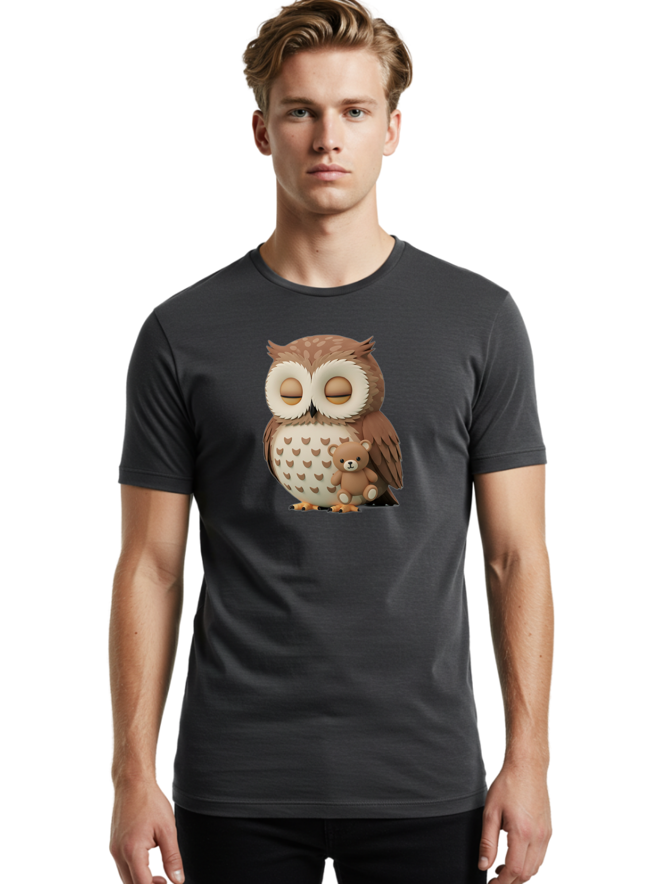 Owl-With-Teddy-1 Men'S Graphic Tee, 100% Cotton, Comfortable Casual Summer Wear, Machine Washable, Vintage Camera, Old Camera, Antique Camera, Black Camera, Classic Photography, Photography Equipment, Nostalgic Device, Film Camera, Camera Art Baf936