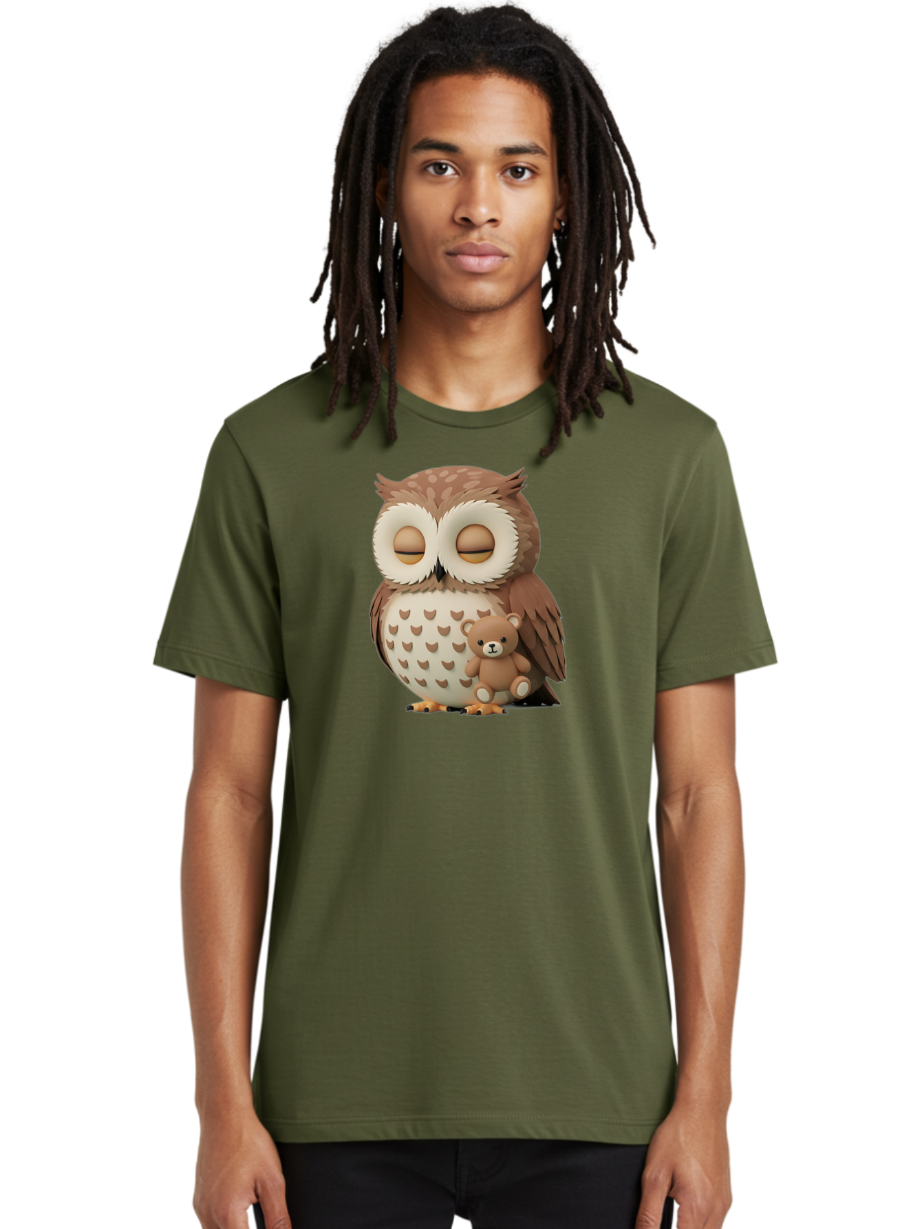 Owl-With-Teddy-1 Men'S Graphic Tee, 100% Cotton, Comfortable Casual Summer Wear, Machine Washable, Vintage Camera, Old Camera, Antique Camera, Black Camera, Classic Photography, Photography Equipment, Nostalgic Device, Film Camera, Camera Art Baf936