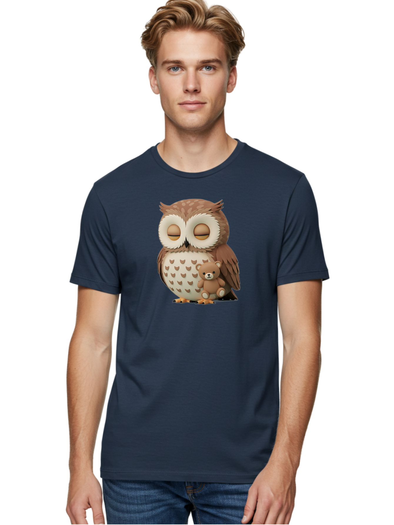 Owl-With-Teddy-1 Men'S Graphic Tee, 100% Cotton, Comfortable Casual Summer Wear, Machine Washable, Vintage Camera, Old Camera, Antique Camera, Black Camera, Classic Photography, Photography Equipment, Nostalgic Device, Film Camera, Camera Art Baf936