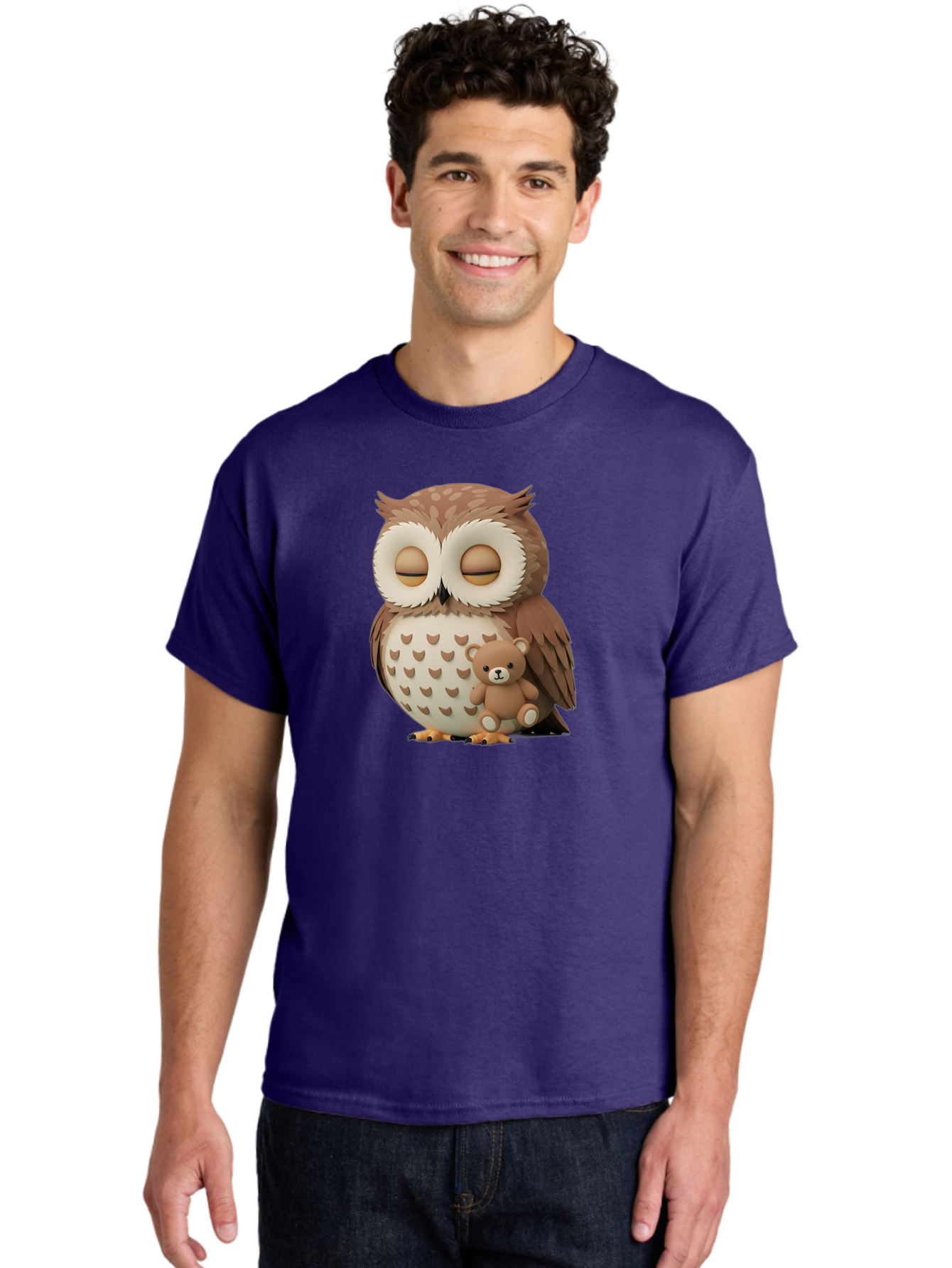 Owl-With-Teddy-1 Men'S Graphic Tee, 100% Cotton, Comfortable Casual Summer Wear, Machine Washable, Vintage Camera, Old Camera, Antique Camera, Black Camera, Classic Photography, Photography Equipment, Nostalgic Device, Film Camera, Camera Art Baf936