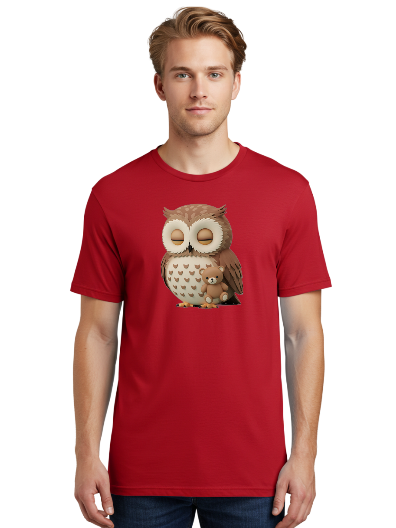 Owl-With-Teddy-1 Men'S Graphic Tee, 100% Cotton, Comfortable Casual Summer Wear, Machine Washable, Vintage Camera, Old Camera, Antique Camera, Black Camera, Classic Photography, Photography Equipment, Nostalgic Device, Film Camera, Camera Art Baf936