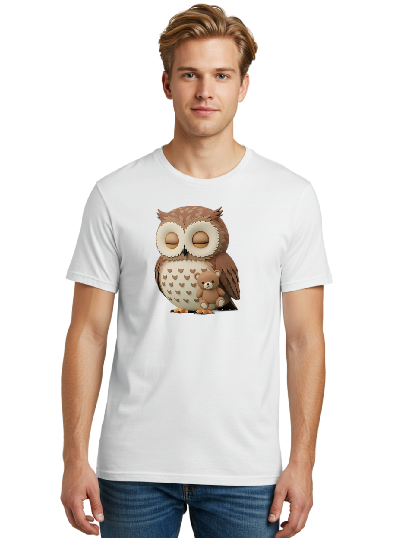 Owl-With-Teddy-1 Men'S Graphic Tee, 100% Cotton, Comfortable Casual Summer Wear, Machine Washable, Vintage Camera, Old Camera, Antique Camera, Black Camera, Classic Photography, Photography Equipment, Nostalgic Device, Film Camera, Camera Art Baf936