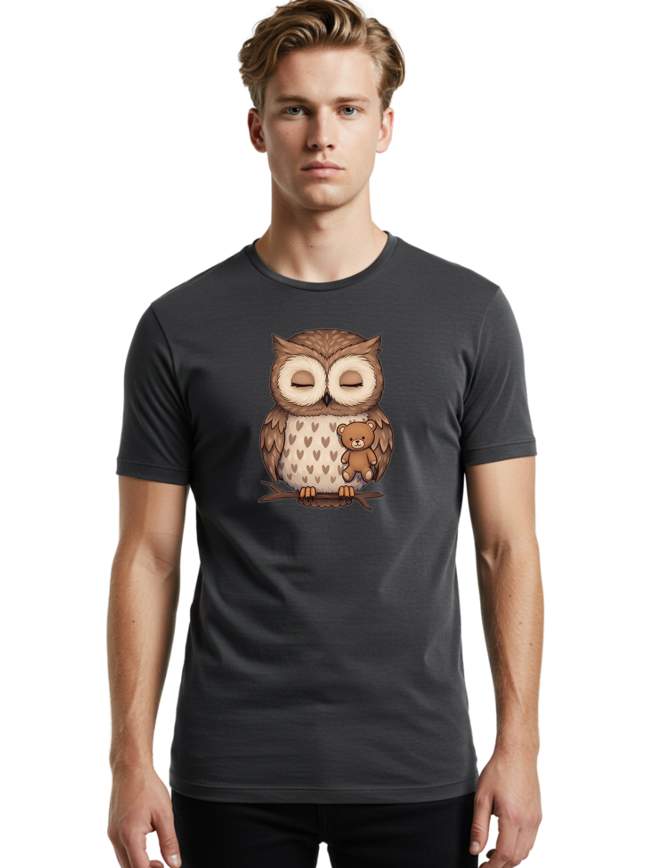 Owl-With-Teddy-2 Men'S Graphic Tee, 100% Cotton, Comfortable Casual Summer Wear, Machine Washable, Vintage Camera, Old Camera, Antique Camera, Black Camera, Classic Photography, Photography Equipment, Nostalgic Device, Film Camera, Camera Art Baf937