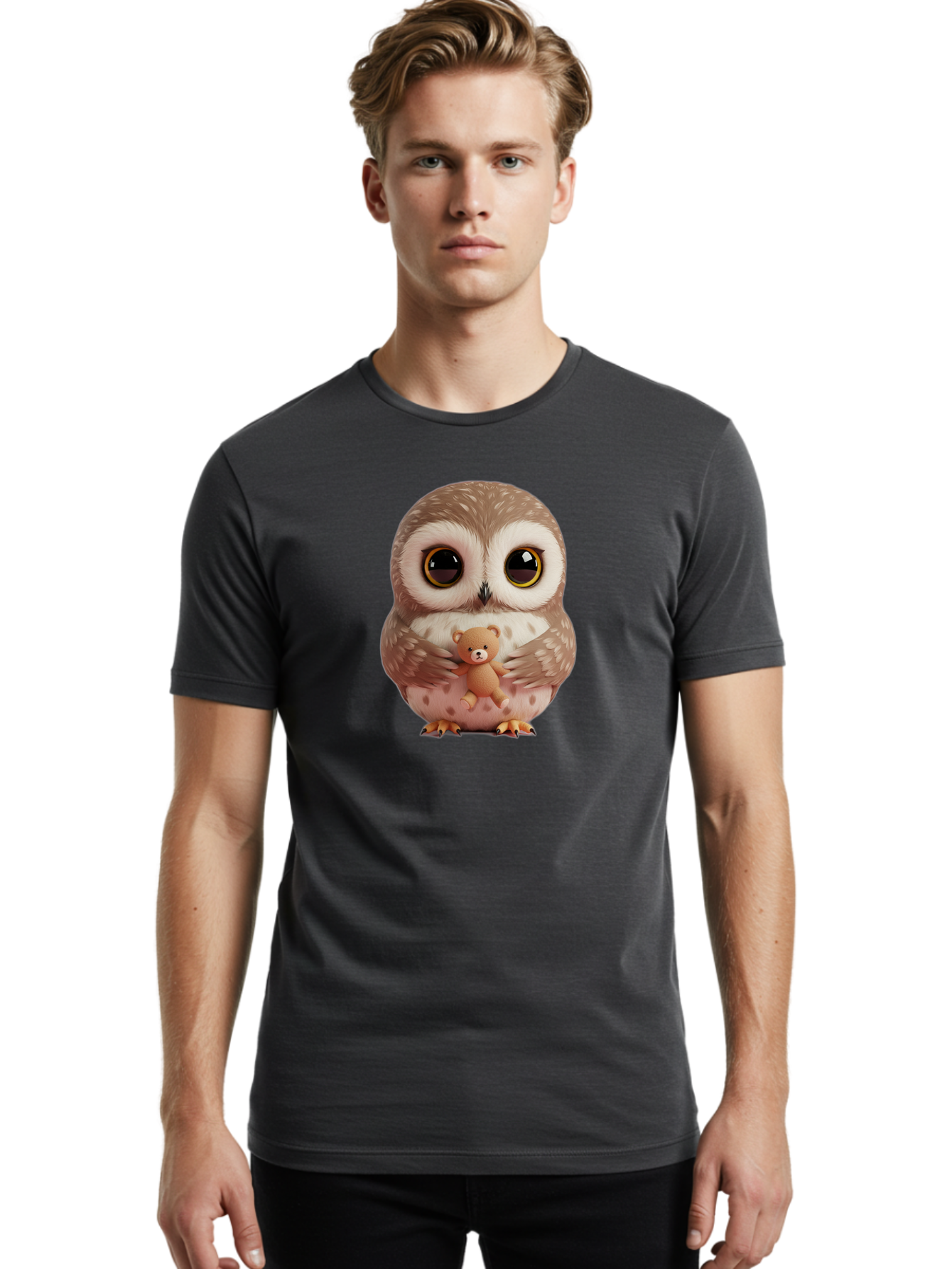 Owl-With-Teddy-3 Men'S Graphic Tee, 100% Cotton, Comfortable Casual Summer Wear, Machine Washable, Vintage Camera, Old Camera, Antique Camera, Black Camera, Classic Photography, Photography Equipment, Nostalgic Device, Film Camera, Camera Art Baf938