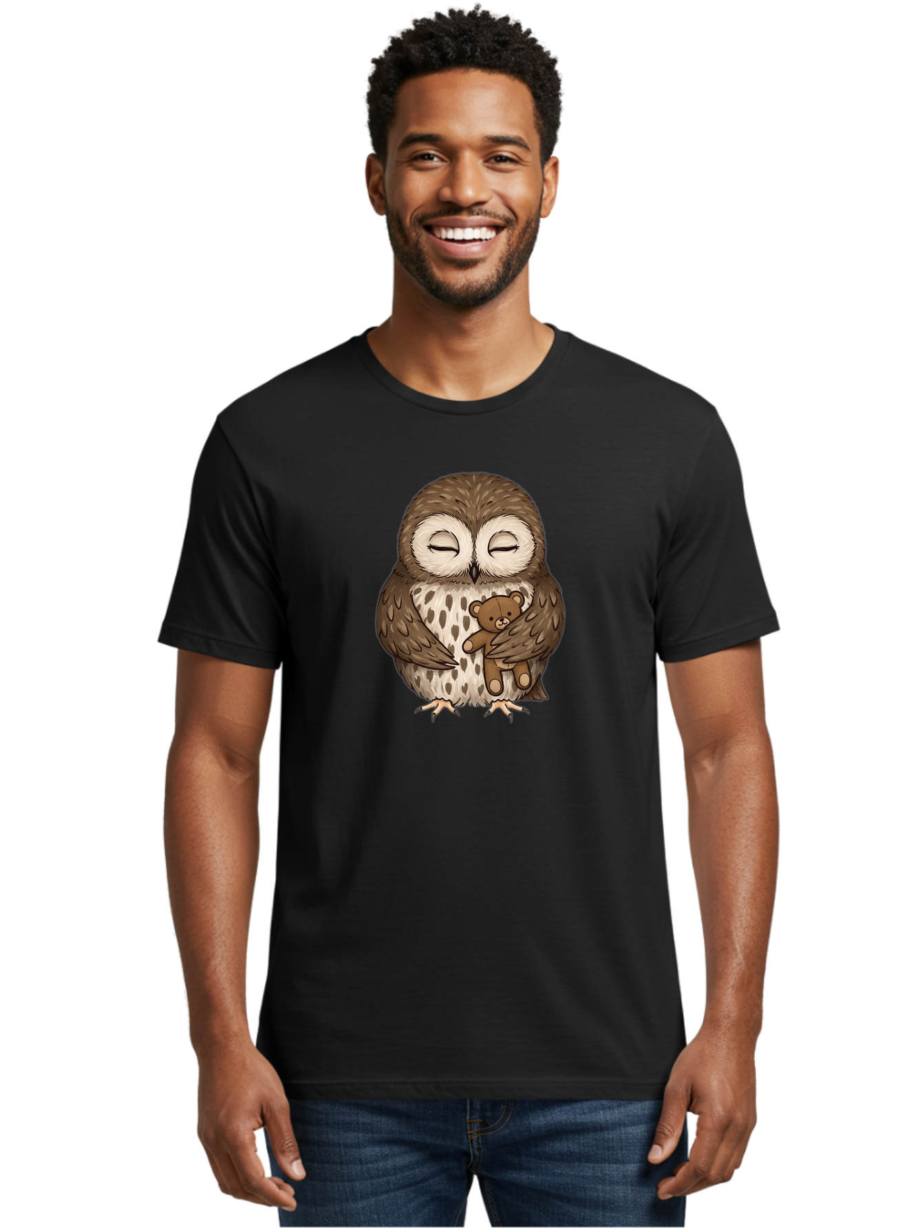 Owl-With-Teddy-4 Men'S Graphic Tee, 100% Cotton, Comfortable Casual Summer Wear, Machine Washable, Vintage Camera, Old Camera, Antique Camera, Black Camera, Classic Photography, Photography Equipment, Nostalgic Device, Film Camera, Camera Art Baf939