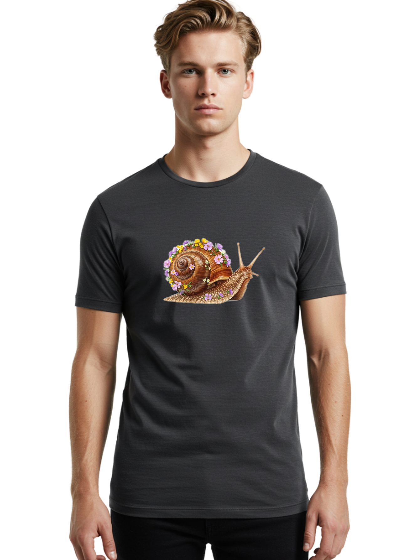 Snail-With-Flowers-2 Men'S Graphic Tee, 100% Cotton, Comfortable Casual Summer Wear, Machine Washable, Vintage Camera, Old Camera, Antique Camera, Black Camera, Classic Photography, Photography Equipment, Nostalgic Device, Film Camera, Bag021