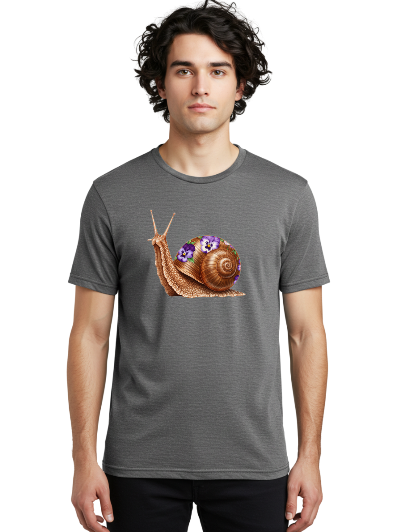 Snail-With-Purple-Flowers-1 Men'S Graphic Tee, 100% Cotton, Comfortable Casual Summer Wear, Machine Washable, Vintage Camera, Old Camera, Antique Camera, Black Camera, Classic Photography, Photography Equipment, Nostalgic Device, Film Camera, Bag025