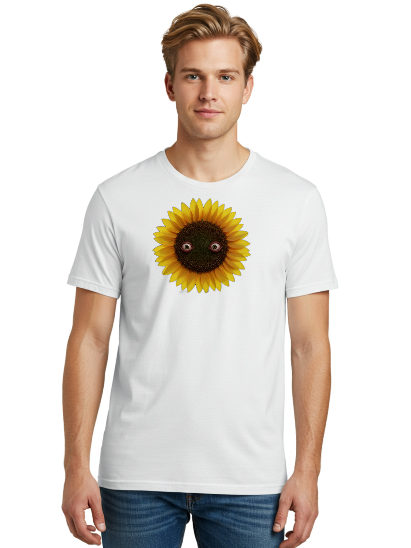 Sunflower-With-Eyes-2 Men'S Graphic Tee, 100% Cotton, Comfortable Casual Summer Wear, Machine Washable, Vintage Camera, Old Camera, Antique Camera, Black Camera, Classic Photography, Photography Equipment, Nostalgic Device, Film Camera, Bag042