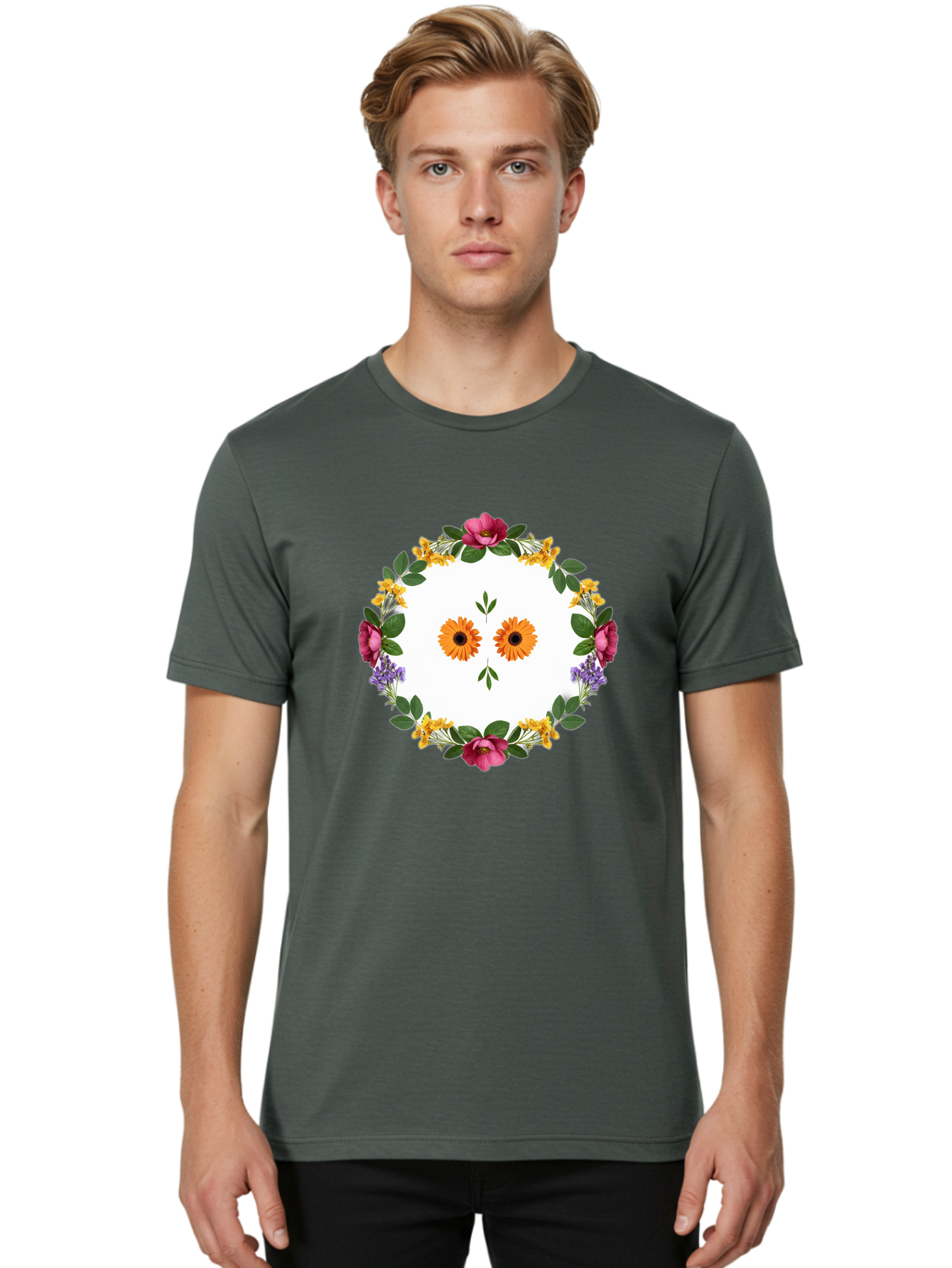 Floral-Wreath Men'S Graphic Tee, 100% Cotton, Comfortable Casual Summer Wear, Machine Washable, Vintage Camera, Old Camera, Antique Camera, Black Camera, Classic Photography, Photography Equipment, Nostalgic Device, Film Camera, Camera Art Bag468