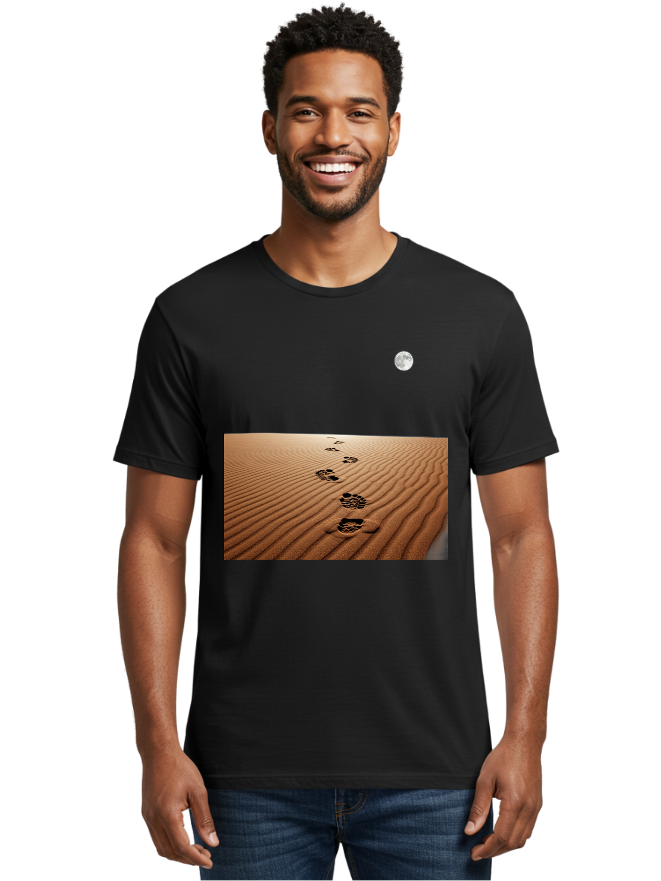 Footprints-In-Sand-Under-Moon Men'S Graphic Tee, 100% Cotton, Comfortable Casual Summer Wear, Machine Washable, Vintage Camera, Old Camera, Antique Camera, Black Camera, Classic Photography, Photography Equipment, Nostalgic Device, Bag487