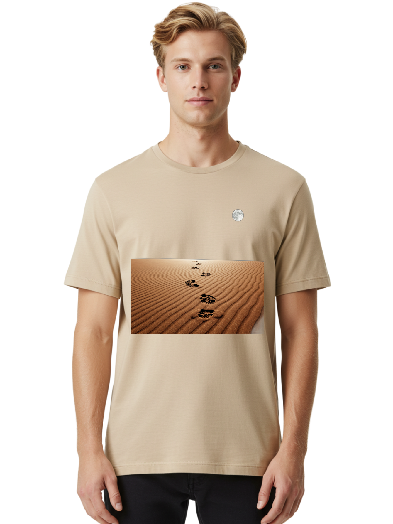 Footprints-In-Sand-Under-Moon Men'S Graphic Tee, 100% Cotton, Comfortable Casual Summer Wear, Machine Washable, Vintage Camera, Old Camera, Antique Camera, Black Camera, Classic Photography, Photography Equipment, Nostalgic Device, Bag487