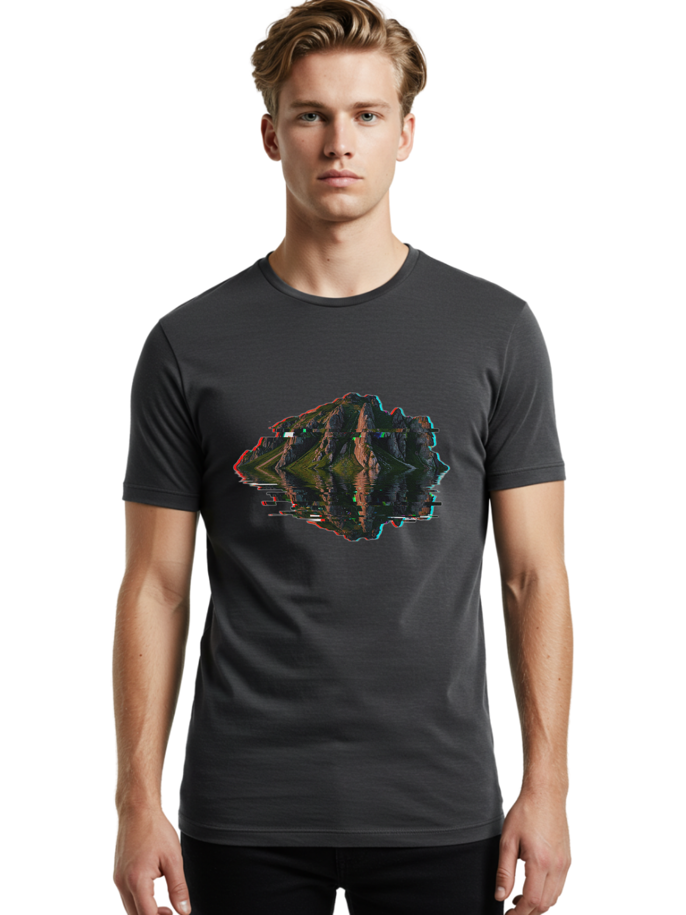 Glitching-Mountain-Landscape Men'S Graphic Tee, 100% Cotton, Comfortable Casual Summer Wear, Machine Washable, Vintage Camera, Old Camera, Antique Camera, Black Camera, Classic Photography, Photography Equipment, Nostalgic Device, Film Camera, Bag533