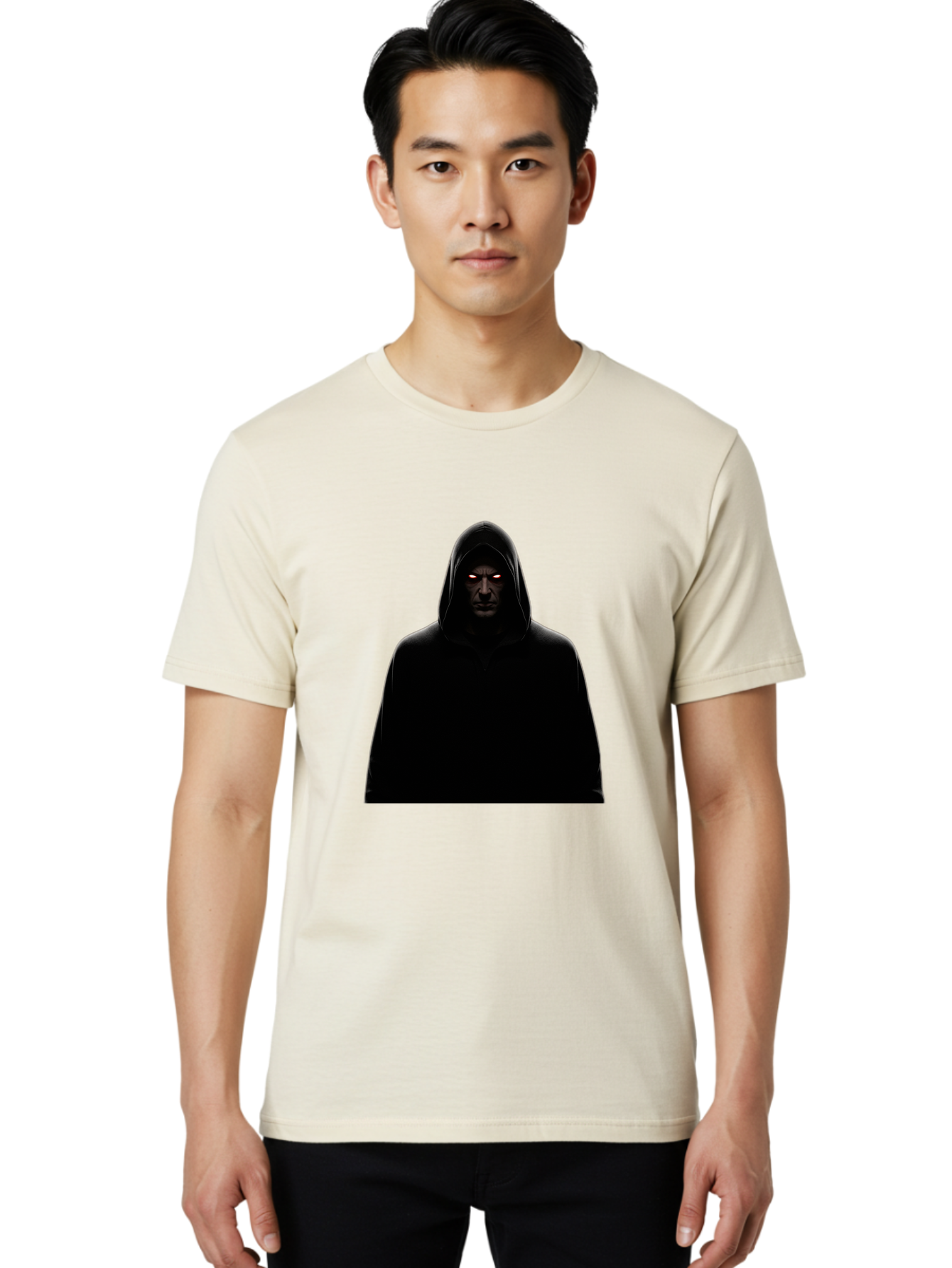 Glowing-Eyes-Hooded-Figure Men'S Graphic Tee, 100% Cotton, Comfortable Casual Summer Wear, Machine Washable, Vintage Camera, Old Camera, Antique Camera, Black Camera, Classic Photography, Photography Equipment, Nostalgic Device, Film Camera, Bag535