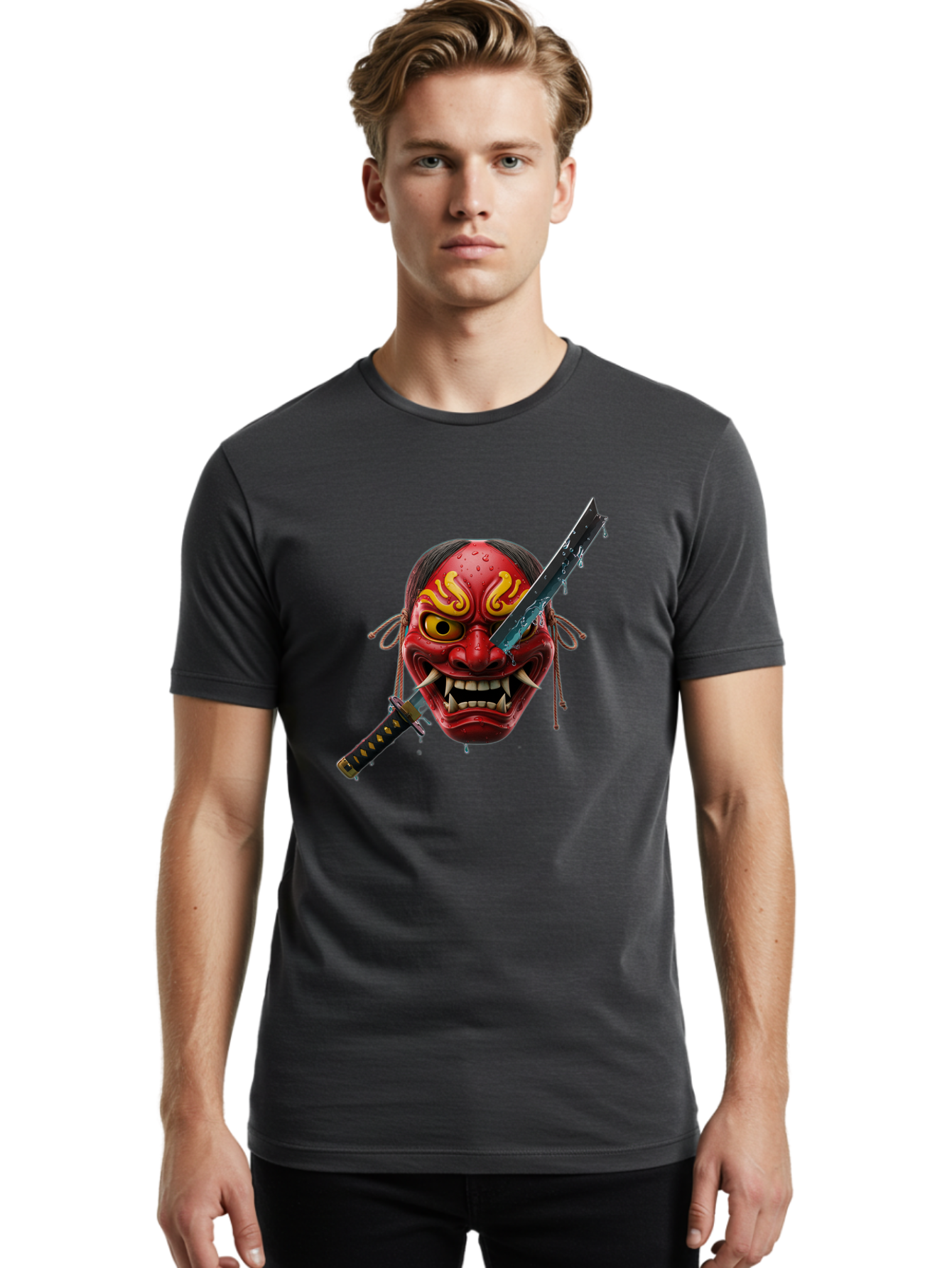 Hannya-Mask-With-Katana Men'S Graphic Tee, 100% Cotton, Comfortable Casual Summer Wear, Machine Washable, Vintage Camera, Old Camera, Antique Camera, Black Camera, Classic Photography, Photography Equipment, Nostalgic Device, Film Camera, Bag581