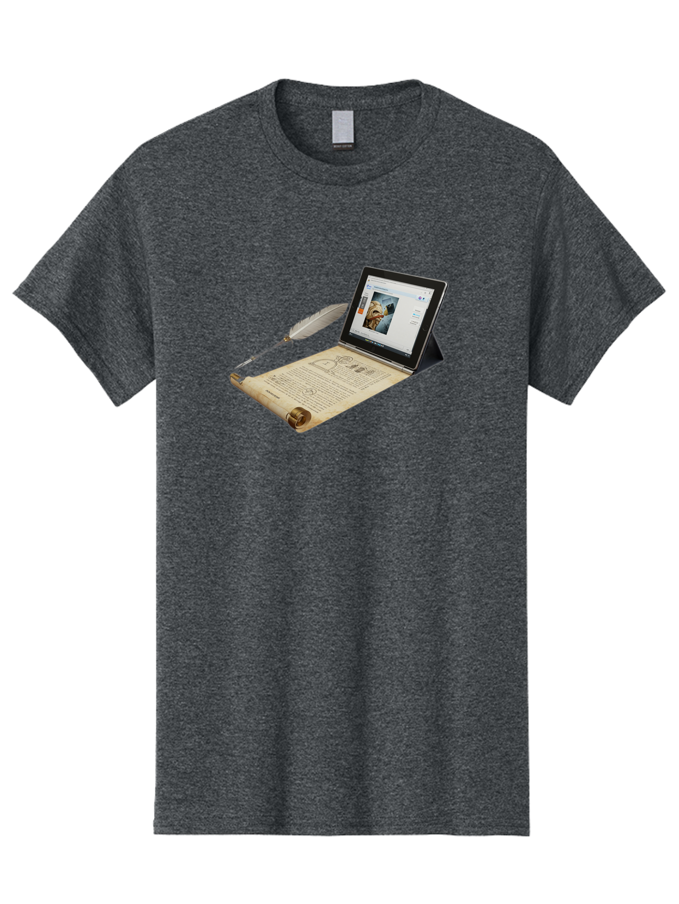 Laptop-Emerging-From-Scroll-With-Quill-Pen Men'S Graphic Tee, 100% Cotton, Comfortable Casual Summer Wear, Machine Washable, Vintage Camera, Old Camera, Antique Camera, Black Camera, Classic Photography, Photography Equipment, Bag679