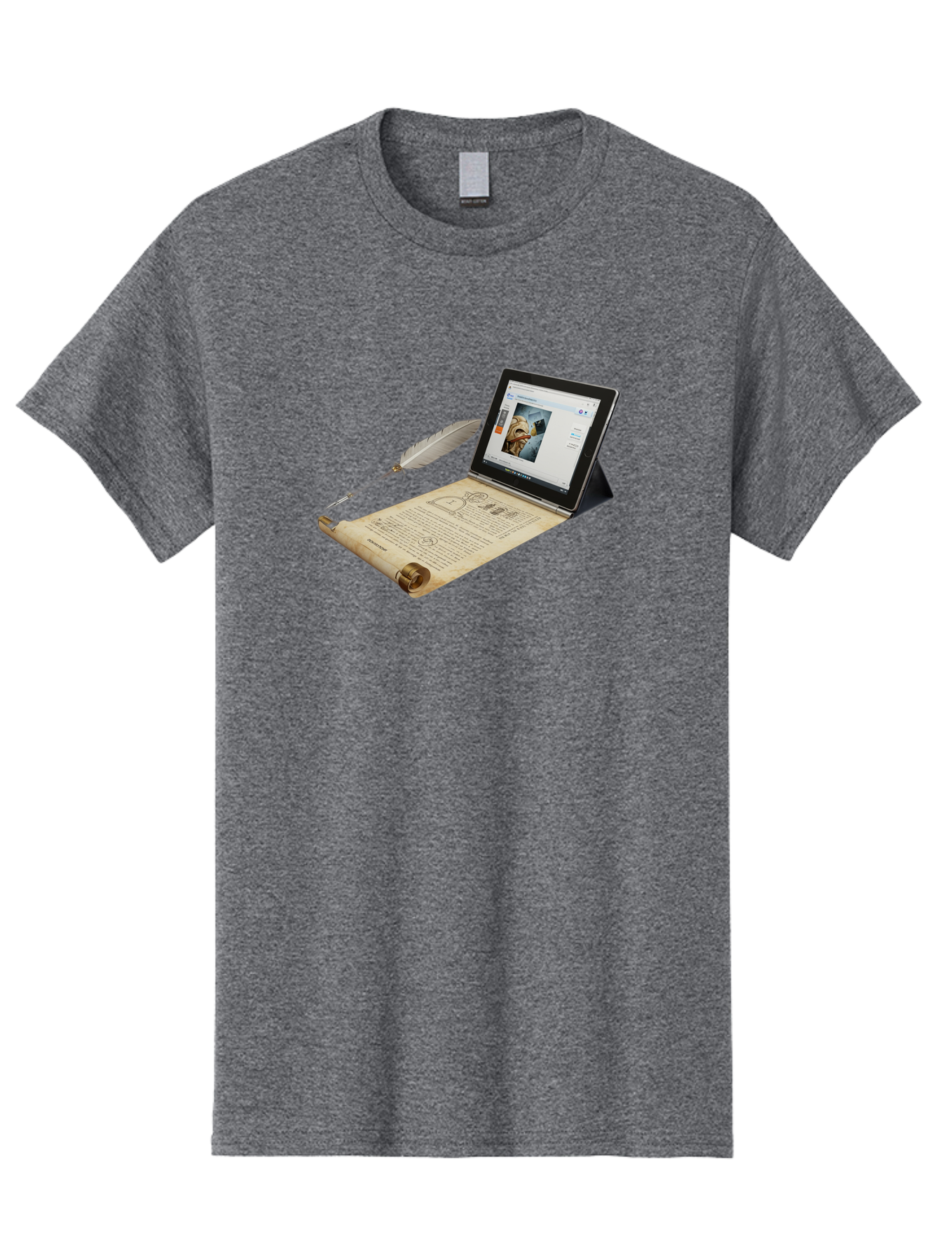 Laptop-Emerging-From-Scroll-With-Quill-Pen Men'S Graphic Tee, 100% Cotton, Comfortable Casual Summer Wear, Machine Washable, Vintage Camera, Old Camera, Antique Camera, Black Camera, Classic Photography, Photography Equipment, Bag679