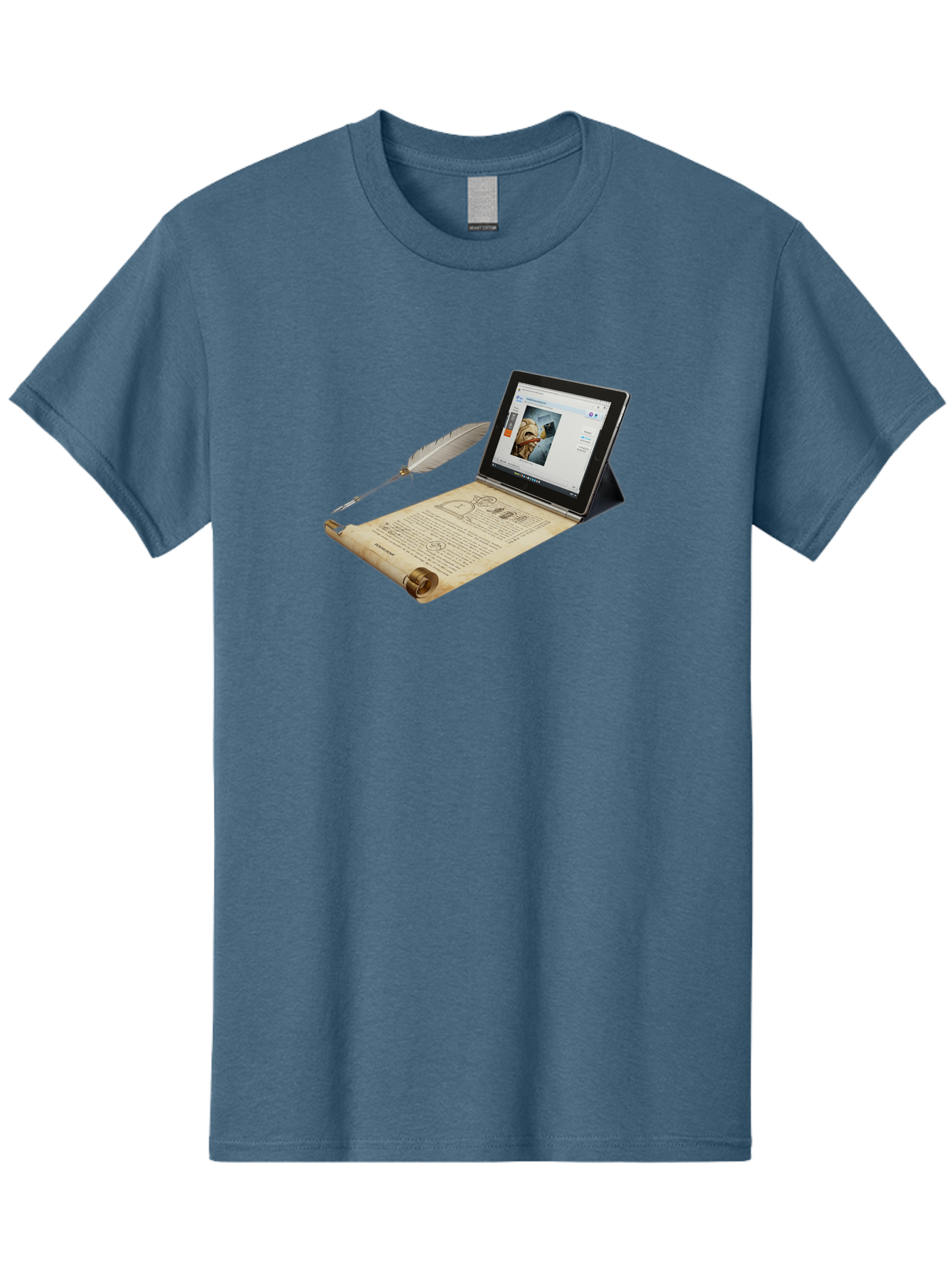 Laptop-Emerging-From-Scroll-With-Quill-Pen Men'S Graphic Tee, 100% Cotton, Comfortable Casual Summer Wear, Machine Washable, Vintage Camera, Old Camera, Antique Camera, Black Camera, Classic Photography, Photography Equipment, Bag679