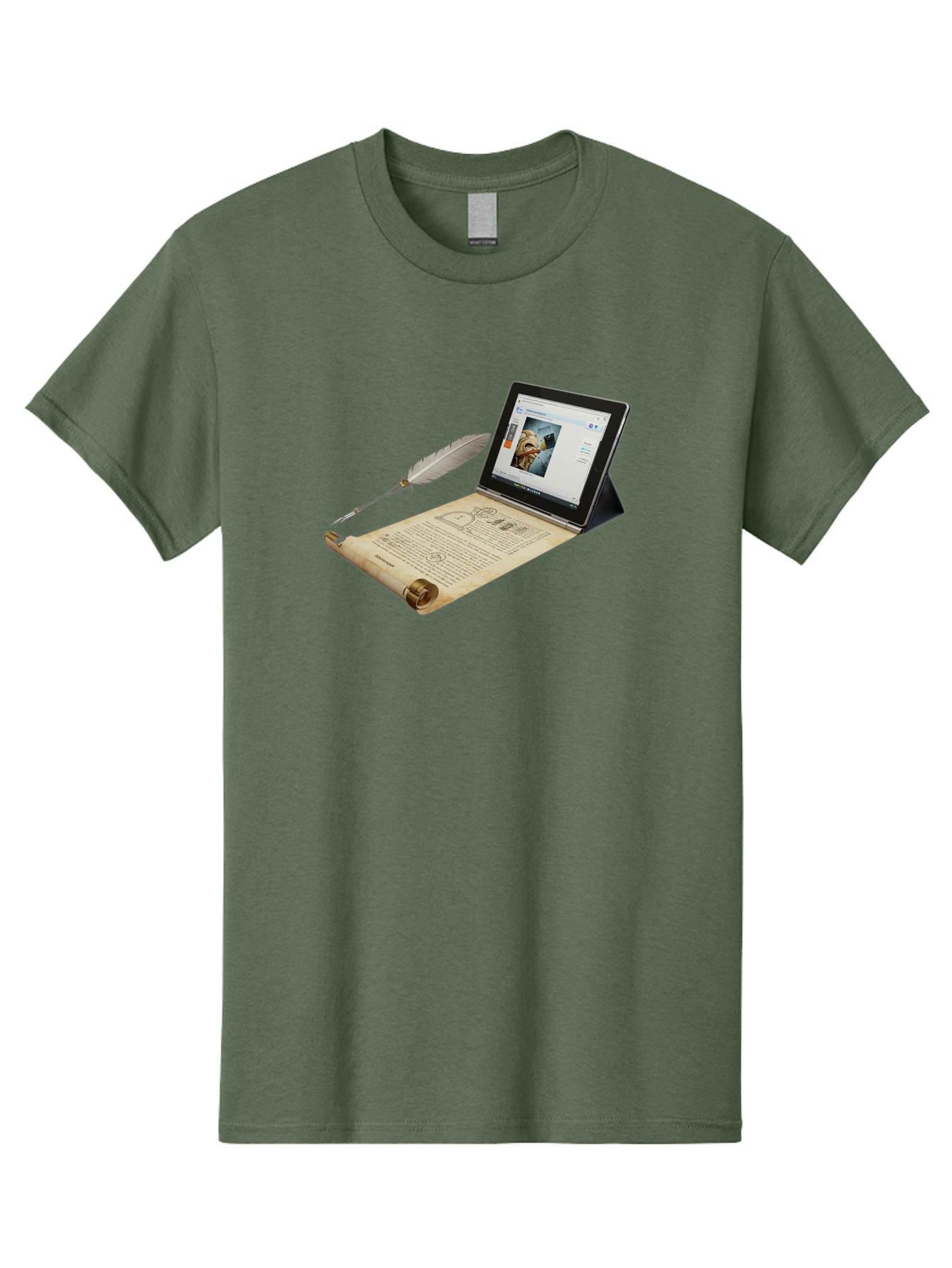 Laptop-Emerging-From-Scroll-With-Quill-Pen Men'S Graphic Tee, 100% Cotton, Comfortable Casual Summer Wear, Machine Washable, Vintage Camera, Old Camera, Antique Camera, Black Camera, Classic Photography, Photography Equipment, Bag679