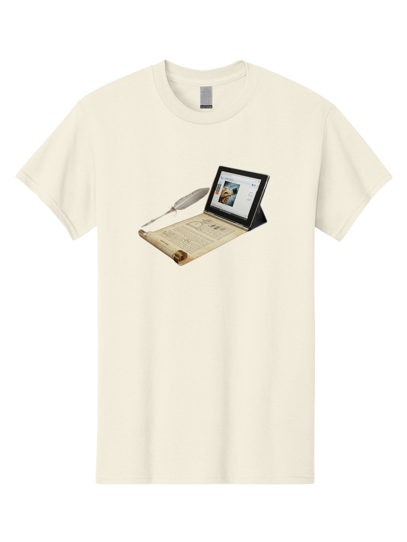 Laptop-Emerging-From-Scroll-With-Quill-Pen Men'S Graphic Tee, 100% Cotton, Comfortable Casual Summer Wear, Machine Washable, Vintage Camera, Old Camera, Antique Camera, Black Camera, Classic Photography, Photography Equipment, Bag679