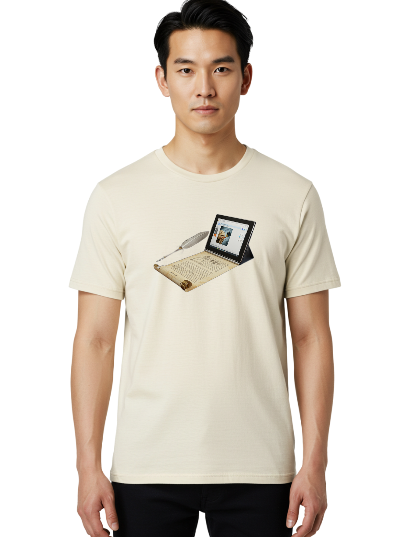 Laptop-Emerging-From-Scroll-With-Quill-Pen Men'S Graphic Tee, 100% Cotton, Comfortable Casual Summer Wear, Machine Washable, Vintage Camera, Old Camera, Antique Camera, Black Camera, Classic Photography, Photography Equipment, Bag679